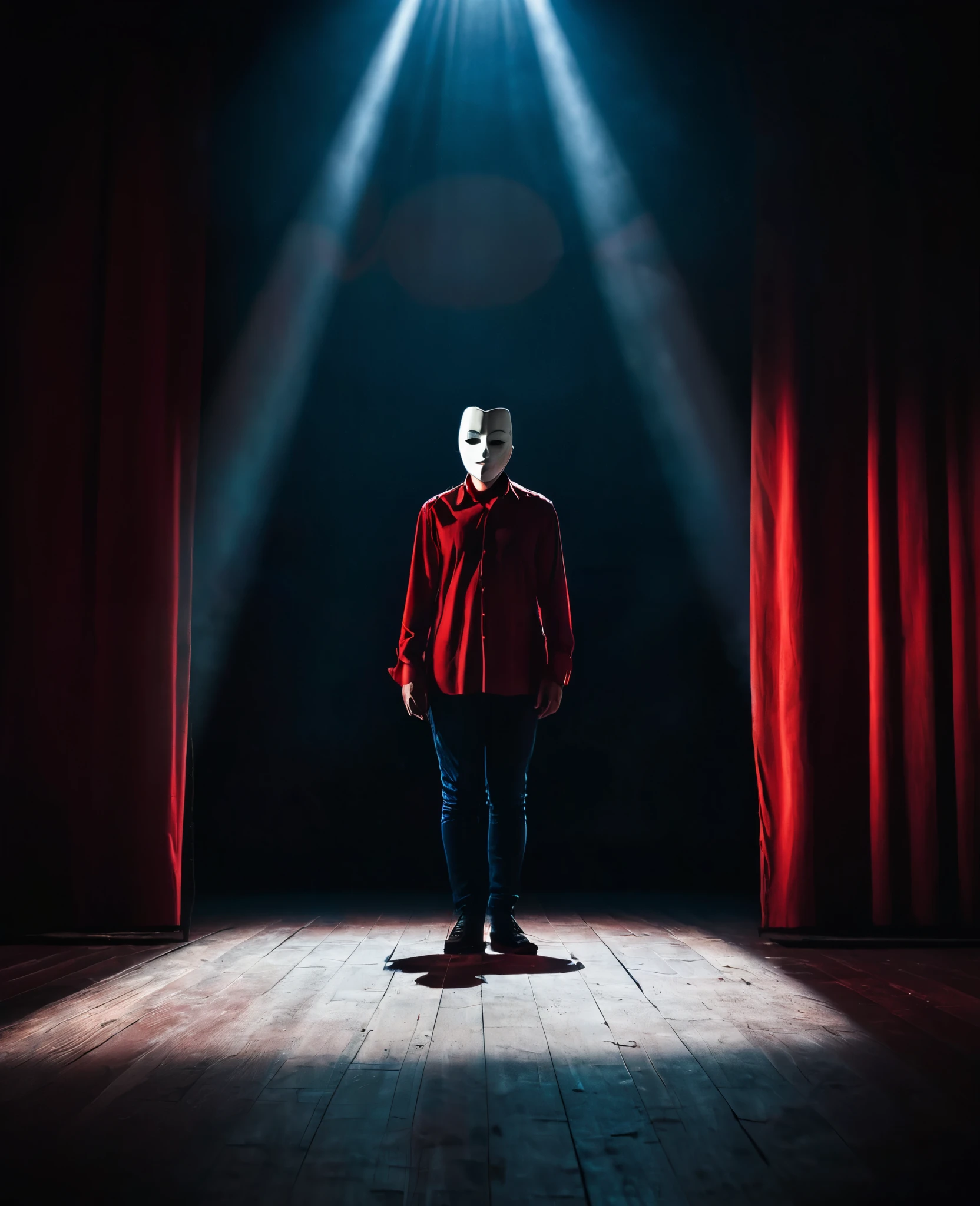 dark stage with a mask on the floor and someone stepping out into the light, leaving the mask behind, use red tones and a cinematic atmosphere, mask needs to be in the foreground, in the spotlight