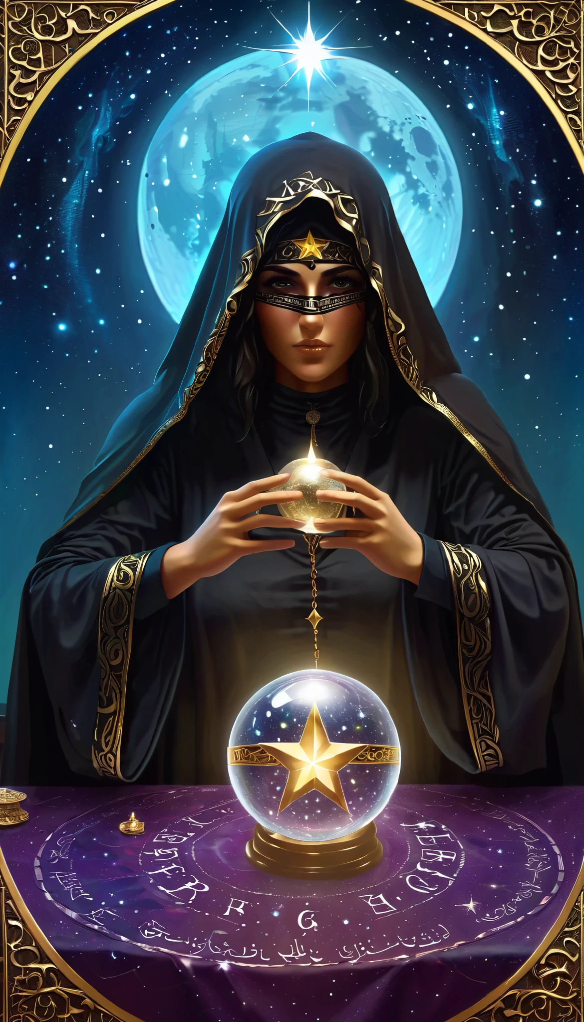 Magnificent Tarot, A robed astrologer sits quietly at a table covered with symbols,Holding a crystal star ball in hand, There is arabic text at the bottom of the card, fit snugly on face, Tarot, Very high texture quality, Front and sides, Full of mysterious magic, the Front and sides are on the card, The overall color is dark black and bright gold, Reflective shiny gold, Ultra-detailed face, Ultra-fine clothing texture, Ultra Detailed,