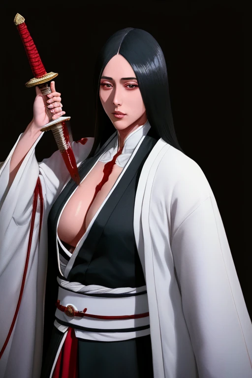 Unohana, solo, kimono , red eyes, haori, Temple , orange moon, scar on chest, parted lips, thick thighs , big breasts, bankai, blood