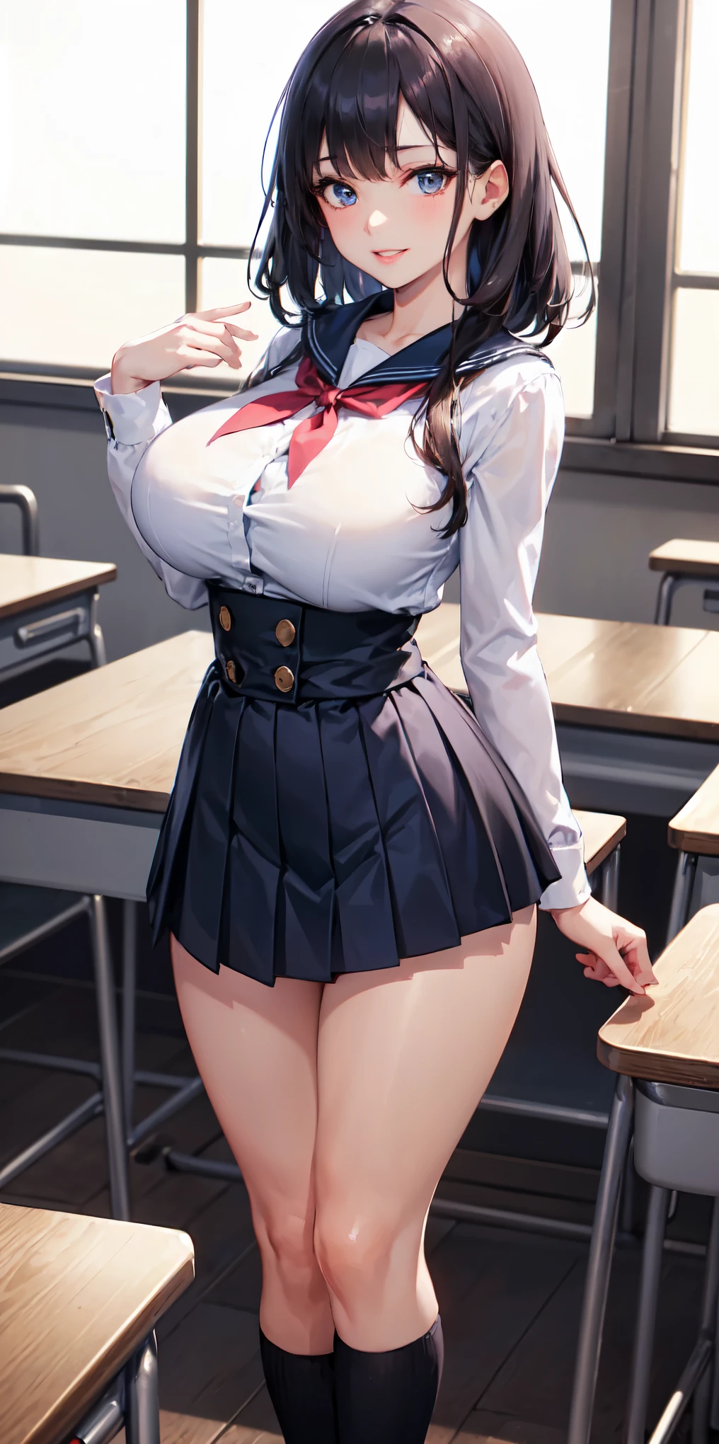 (((highest quality, High resolution, , Pixel Perfect, 4K))),((Correct Anatomy))、((School classroom))、((school uniform))), ((highest quality)), ((Complex and detailed)), ((Black knee-high socks)), ((Mini Pleated Skirt))、An absurd solution, Mature Woman, Mature Woman, perspective, Very detailed,(((school uniformコスプレ)))、Great style、(Long Hair)、glamorous、Sailor suit、mini skirt、black tights、(((The whole body is visible))), One Woman, ((ponytail)), Perfect hands, Detailed fingers, Beautiful details, Black choker, Earrings, Black Stockings, Perfect Eyes, Seductive eyes