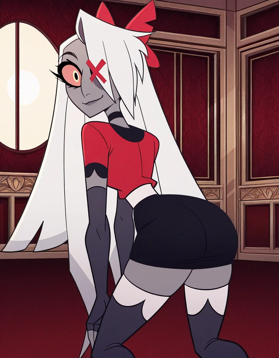 (Lilith:1.5), solo, 1girl, (huge breasts:1.5), grey skin, black dress:1.5, looking down at breasts, groping breasts, transformation, screencap