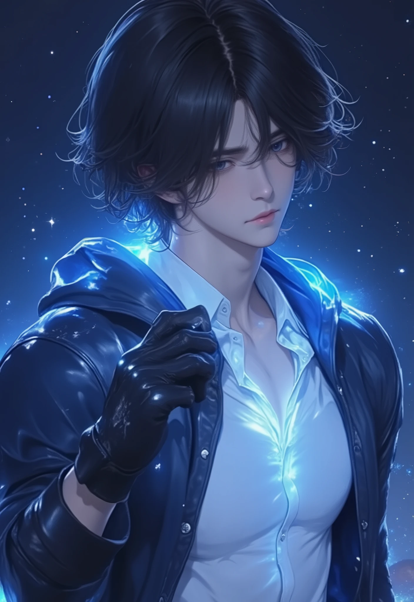 ( is a great painting, best quality:1.2), A young man with dark hair "Asuka ", clothes: A white blouse with a blue jacket , Black leather driver gloves without fingers , Focus on the upper body , shot on the chest , A simple background with a starry sky on one side , The act of retightening the right hand glove with a serious expression with the left hand ( Put your right hand open with the back of your hand pointing out, and put your left hand on your right wrist),Rin々res, Great design Art , best quality, eggs form , is very detailed , okay , come on , 8K backgrounds, Biologically accurate photography , Real 2D digital art , A blue halo rises violently all over the body ,A psychological superhero ,