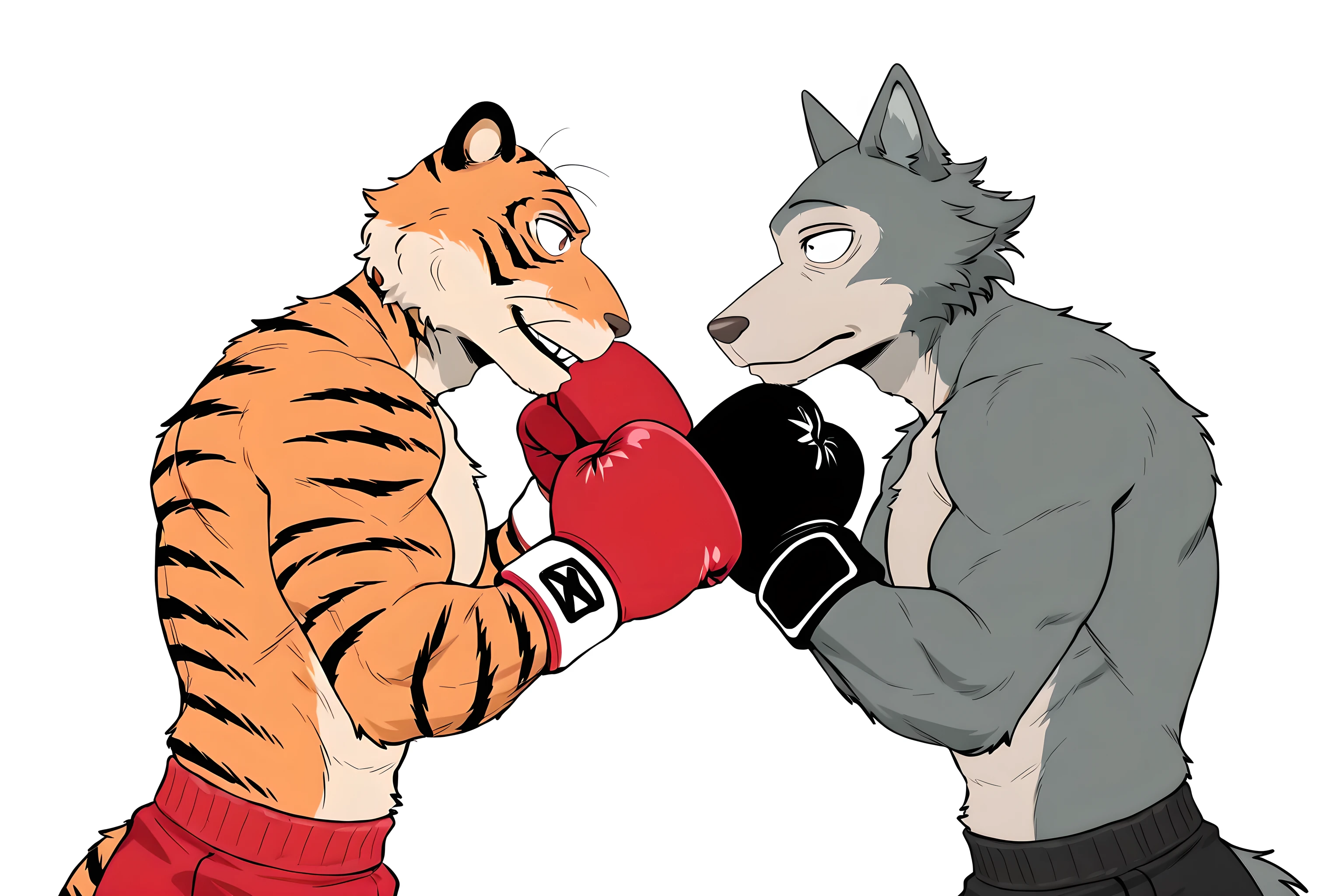 l3gosh1, beastars, male, wolf, muscular, athletic, masculine, BillBeastars, male, anthro, bengal tiger, tiger, brown eyes, muscular male, athletic build, orange fur, black stripes, flat color, shirtless, simple background, two characters, multiple characters, bulging muscles, looking at each other, boxing, red boxing_gloves, black boxing_gloves, boxing_shorts,