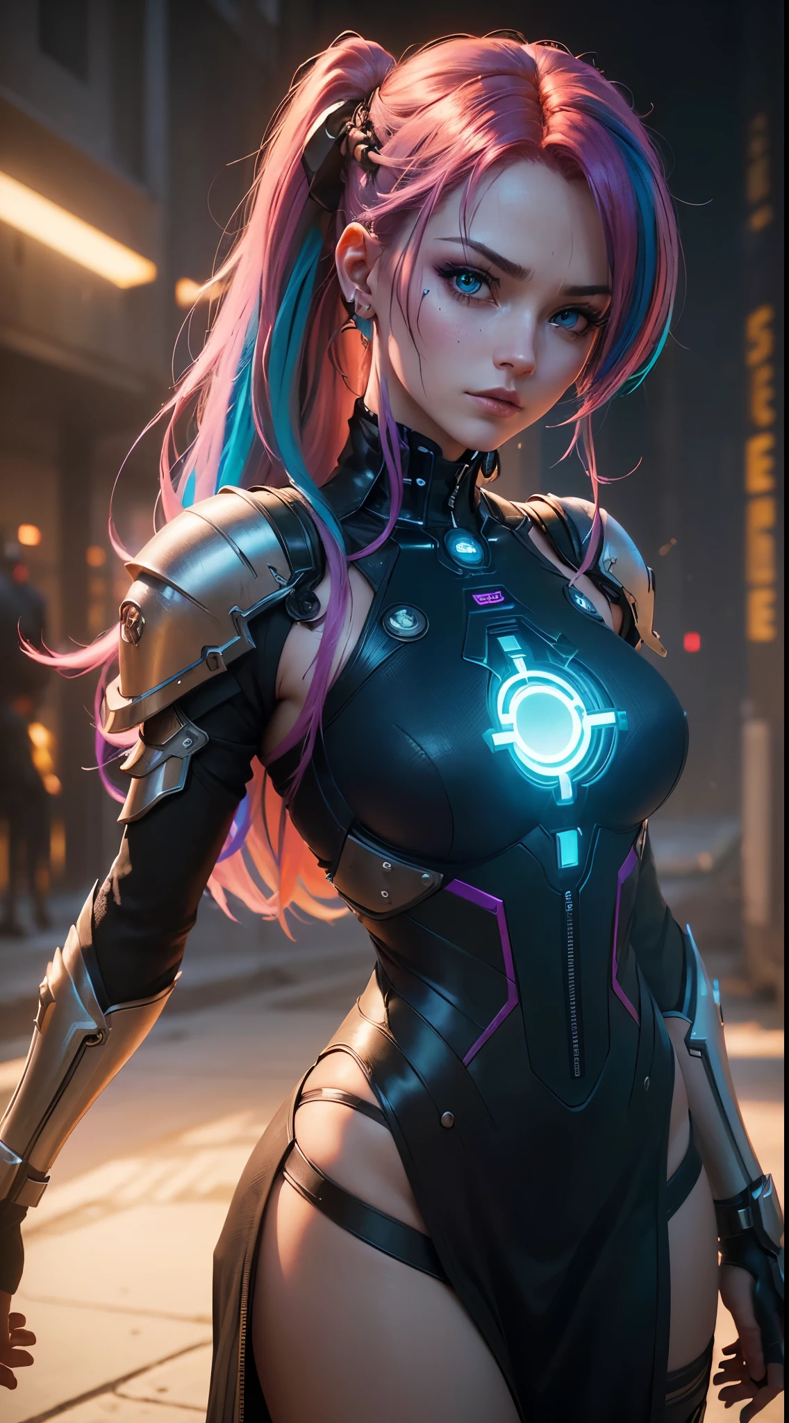 Beautiful woman half realistic machine detailed cyberpunk,neon Super girl