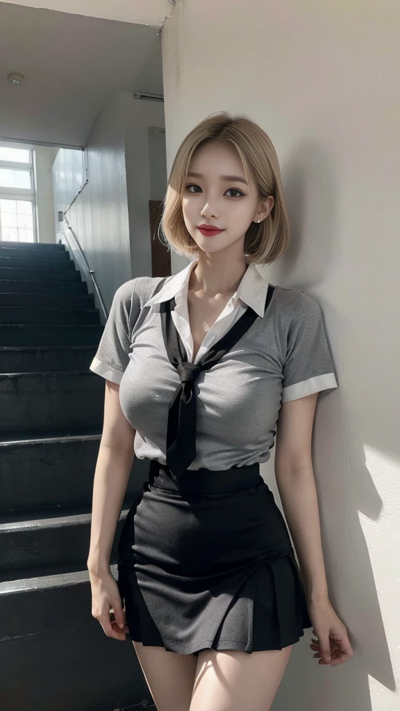 Korean school uniform, summer school uniform shirt, ribbon tie, skirt, school classroom, school stairs, chest thrusting pose, 8K RAW photo, high resolution, cool Korean at 17 years old, very big round breasts, cleavage, beautiful eyes in detail, long eyelashes, beautiful double eyelids, eyeshadow, eyeliner, slender eyes, elongated eye shape, sanpaku eyes, evil smile, evil expression, beautiful and very thin legs, beautiful and very thin thighs, random short hair, hair tied behind the head, earrings, bright blonde,
