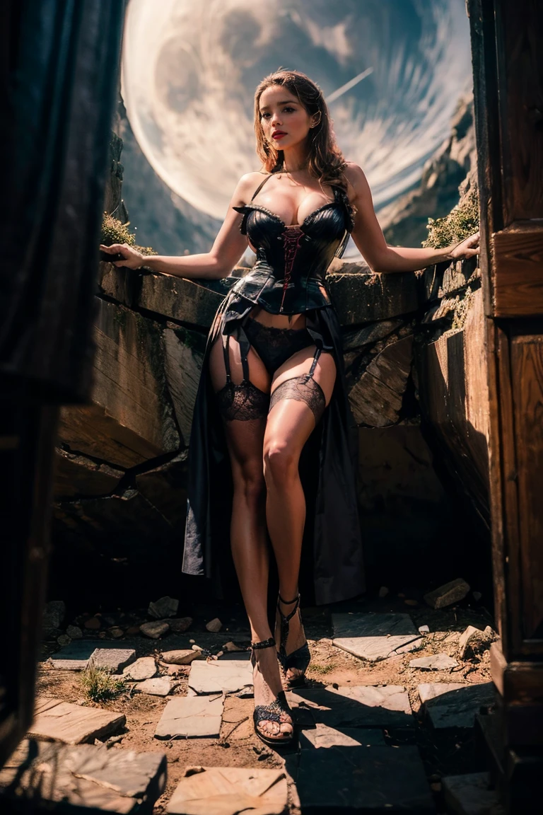 woman villain, in a brown corset, in a black skirt, erotic image of a villainous sorceress, arrogant contemptuous look of blue eyes, full length, a ruined castle in the background, back view