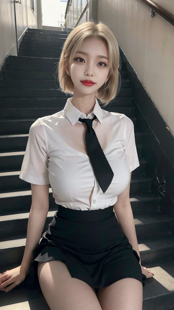 Gray eyes, Korean, gravitation, charisma, glamorous, ribbon tie, a bore skirt, bright blonde, uniform, wet clothes, Underwear can be seen, chest thrusting pose, chest bragging pose, 8k raw photo, high resolution, cool Korean at 20 years old, very big round breasts, beautiful eyes in detail, long eyelashes, beautiful double eyelids, eyeshadow, eyeliner, slender eyes, elongated eye shape, Sanpaku eyes, evil smile, evil look, beautiful very thin legs, beautiful very thin thighs, random medium hair, hair tied behind the head, earrings.
