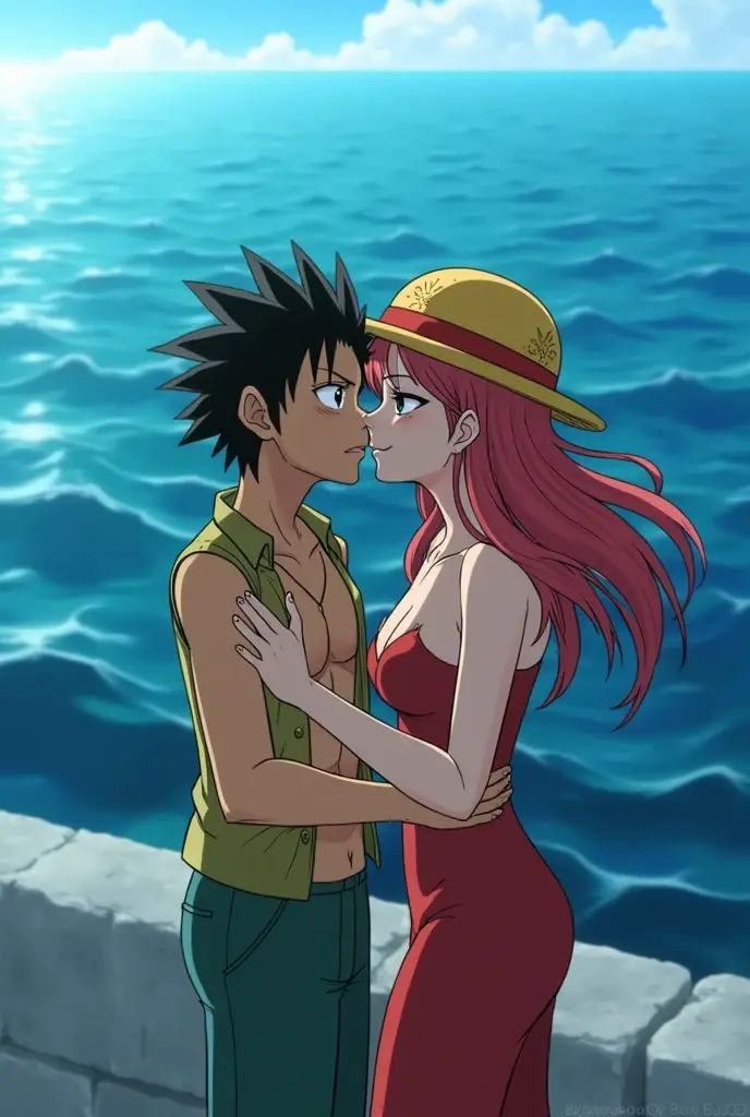 one piece screenshot, 1 woman, green and slanted eyes, with long eyelashes, thin face and white skin, small nose, pink lips, by the wide, straight red, with a good body, In the background is the sea, kissing zoro, one piece animation style