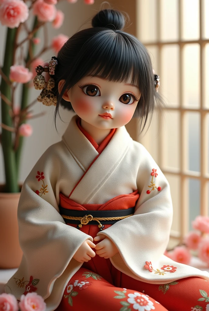Cute light skinned baby chibi anime, black kimono, drink tea, straight long black hair, in a frame, drink hot tea, cherry blossom, logo, black platform sandals