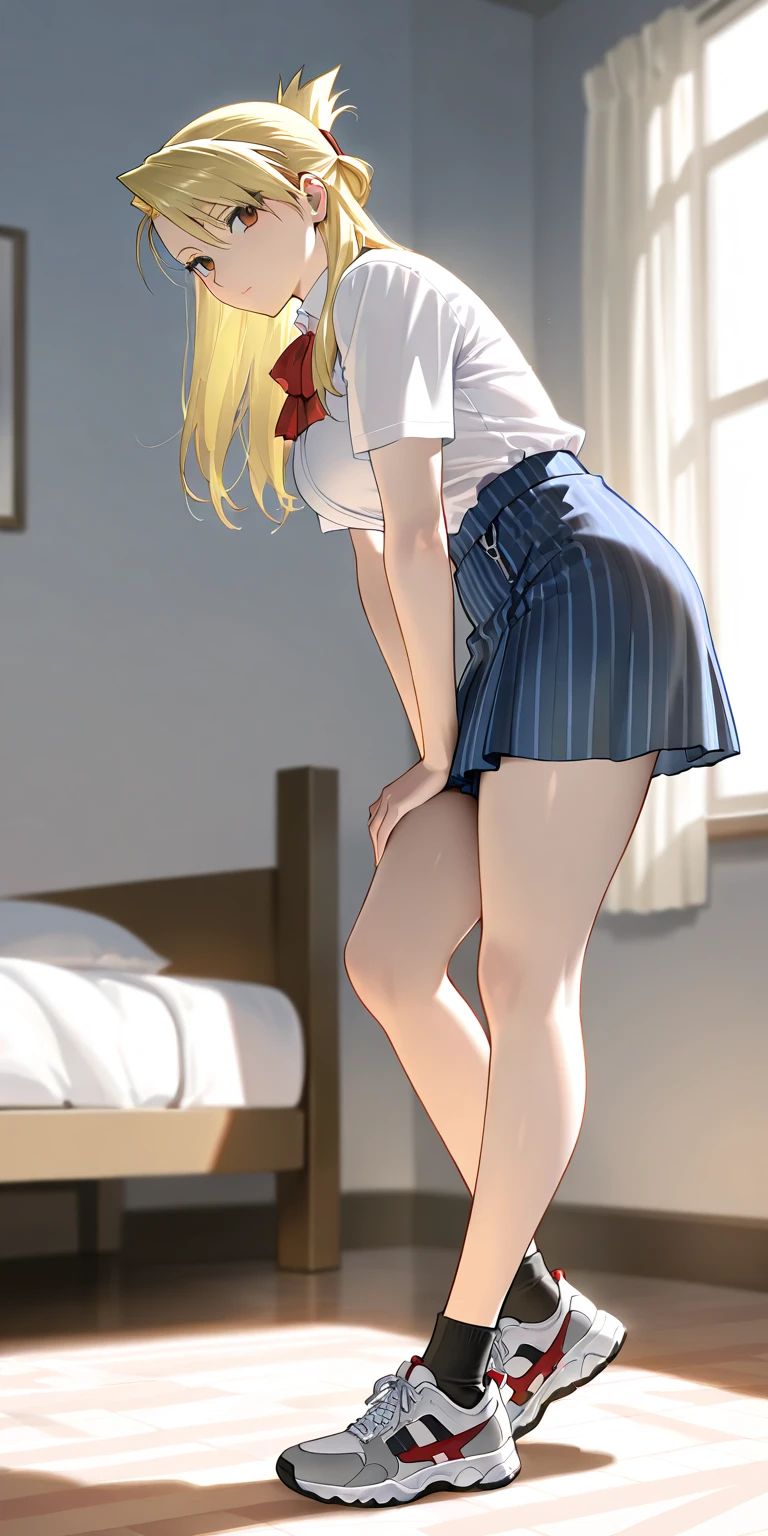 master-piece,hyper quality, hyper detailed,perfect drawing,Solo, Kogal、Black Gal、High 、student clothes、a miniskirt:(0.7)、facing back、Stick your butt out、big round ass、Standing、((Panties in full view))、Suntan-Skin:(1.2)、cute smile face、Cheeky smile、sunburn marks:(1.5)、(((Buggy socks)))、portlate、bustup、Shooting from the back diagonally below、beatiful backgrounds、Detailed drawing、Accurate drawing。Schoolgirl, gals, asa, , Bully, Futanari、a blond、huge tit、cleavage of the breast、White underwear、blouse、full bodyesbian、Very short checked skirt、Plump thighs、Emphasis on the buttocks、Panchira、Looking up from below、stairway、