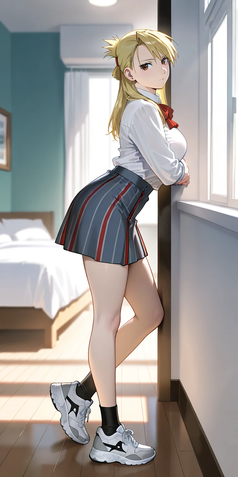 masterpiece, ultra-detailed, illustration, game cg, best quality, highres, kitagawa marin, 1girl, short fluffy blonde hair, swept bangs, gradient hair, red eyes, glossy lips, light smile, blush, large breasts, red puffy miniskirt, white blazer, red thigh boots, changing room, looking back at viewer