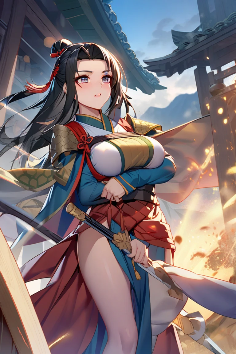 best quality,4k,8k, highres, masterpiece:1.2), extremely detailed eyes, extremely detailed body, (large masterpiece digital art), (detailed manga illustration), (detailed line art), ((perfect anatomy)), (intricate details:1.3), (ultra-detailed:1.3), (illustration:1.3), (sharp focus:1.3), (natural lighting:1.05), (vivid colors:1.3), (masterpiece), best quality, expressive eyes, perfect face, 1 girl, breasts, cleavage, gloves, large breasts, traditional clothes, cerulean clothes, black hair, short hair, messy hair, dark brown eyes, hourglass physique, loose-fitting pants, fighting stance, large ass, pale skin, shrine maiden, tomboy, combat boots, cinematic lighting, dramatic atmosphere, Beautiful woman, dragon spear in hand, Jeff Bridges, ((cartoon style)), Marvel Cinematic Universe style, (((Japanese shrine in the background))), soft bokeh of Japan, Atey Ghailan, Jeremy Mann, Greg Manchess, Antonio Moro, trend in ArtStation, trend in CGSociety, Intricate, High Detail, Sharp focus, dramatic and photorealistic painting art by Midjourney and Greg Rutkowski,
