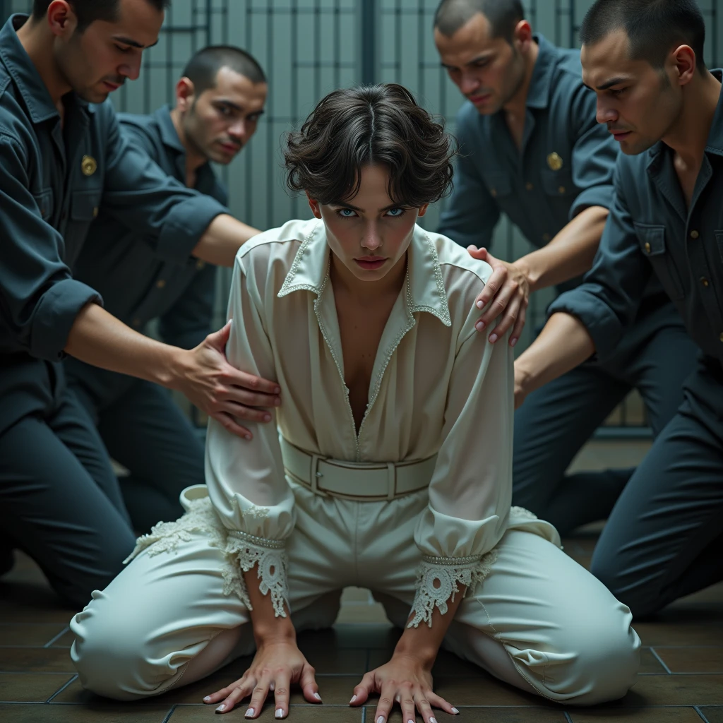 Emma Watson sits in a red armchair and Maisie Williams lies on her back on the floor in an apocalyptic wasteland setting, zerrissene dunkelgraue Lederkleidung, detailliertes Gesicht, Dreamy look, Beine gespreizt, sehr kurze dunkle getragene Socken, Elektronische Laborwerkzeuge auf einer Werkbank und herumliegende Computerteile, Screens show dark user interfaces, LEDs on several devices illuminate the room and indicate activity