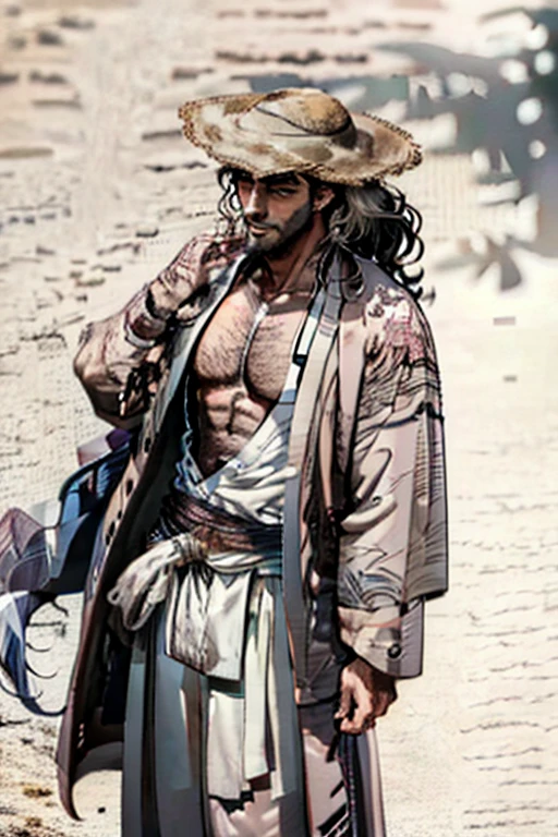 tall man with gray eyes and wavy brown hair, which he puts into a long ponytail, leaving one strand hanging down the left side of the face. He has a hairy chest, arms and legs. He wears a straw hat and pink, ladies' flower embellished kimono, draped over the shoulders directly over the captain's haori. Although his kimono and embellished belt are cheap, his hairpins with red flowers are very expensive. He doesn't wear a tabi (socks) under sandals. He has short stubble around his mouth and cheeks. A hundred years before Aizen's betrayal, Shunsui had a short mustache above his upper lip.. Then he wore another lady's kimono, although very similar. After the battle with Wandenreich, Shunsui began wearing an eyepatch over his right eye., which was damaged during the battle. The top of his right ear was also cut off, and a scar appeared on his temple. Shunsui had shorter, unkempt hair as a .. He wore a patterned kimono