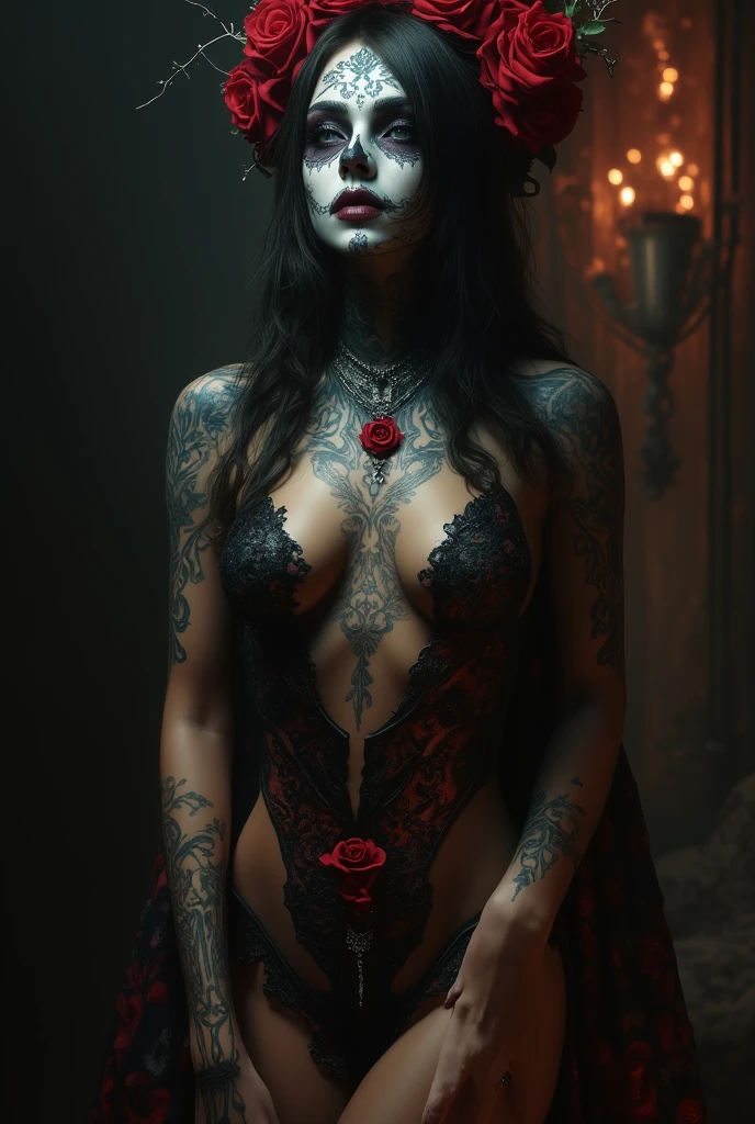 full body photo of a young woman wearing a mask, dreamy gothic girl, elegant render, half body photo, mistress, ebony rococo, elegant girl, female spy, haunting beautiful young woman, super-hero girl, extravagant dress, sitting on bed with legs spread in bedroom, cameltoe, open seductive smiling mouth, legs spread, happy worshipping, manspreading, hands behind back, hands not visible,red winged womb tattoo on stomach