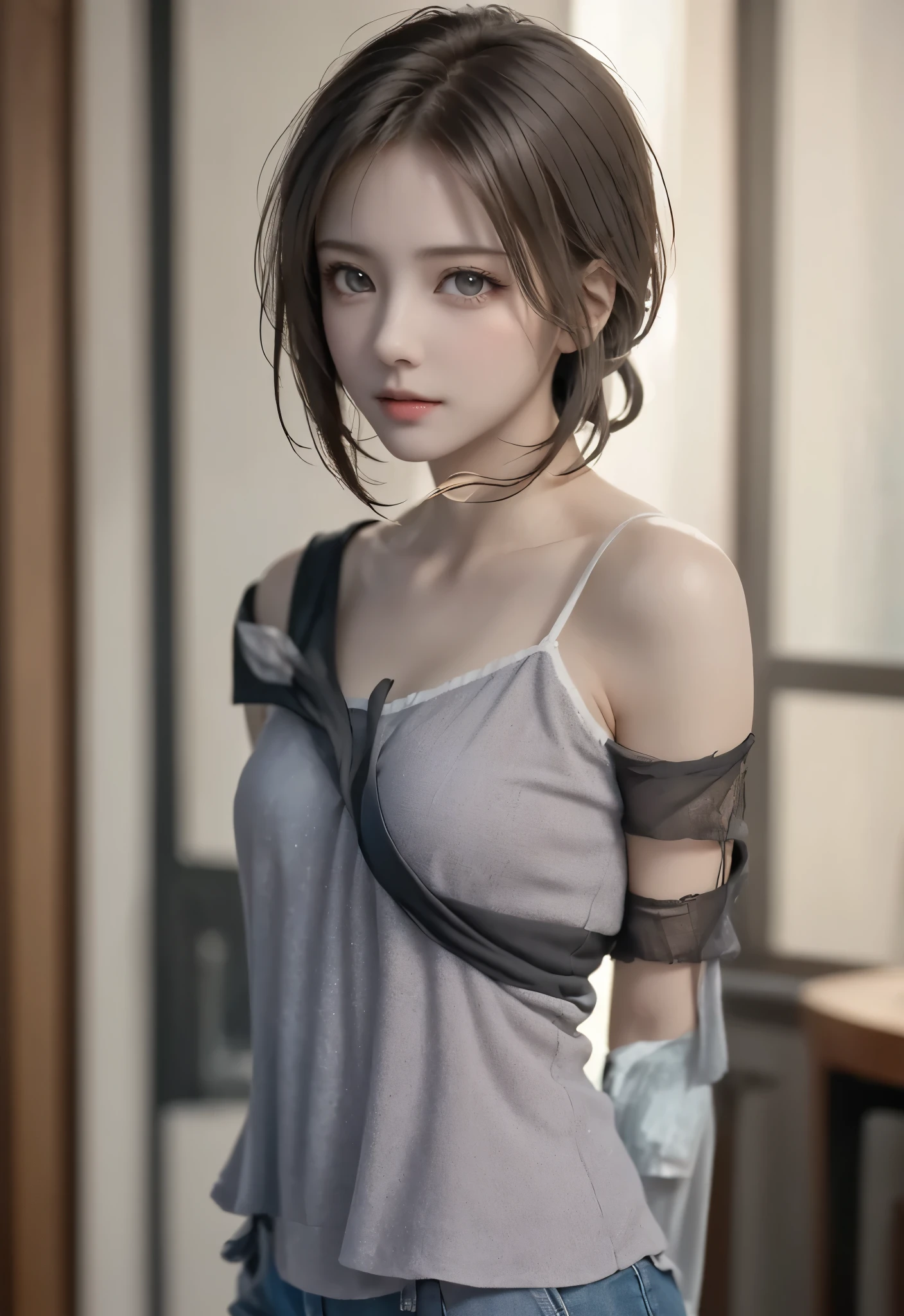 Masterpiece, 1 Beautiful Girl, Detailed Eyes, Swollen Eyes, Top Quality, Ultra High Resolution, (Reality: 1.4), Original Photo, 1Girl, Cinematic Lighting, Japanese, Asian Beauty, Korean, Very Beautiful, Beautiful Skin, Slender, Body Facing Front, (Ultra Realistic), (High Resolution), (8 K), (very detailed), (best illustration), (beautifully detailed eyes), (super detailed), detailed face, looking viewer, facing straight ahead, neat clothes, sleeveless, short hair, silver hair, 46 point slanted bangs, cyberpunk background, neat and clean,