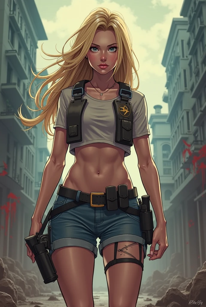 Caucasian woman, green eyes, blonde hair, wavy hair, long hair, athletic body, (((torn black shorts))), (((topless))), (((black jacket))), (((torn jacket) ))), (((walking through town))), depopulated, dry vegetation in the street, (((wound in right leg))), (((bare feet))), (((darkness))), no people, (((no objects in the hands))), eyes glowing in the dark, ((((side shot)))).