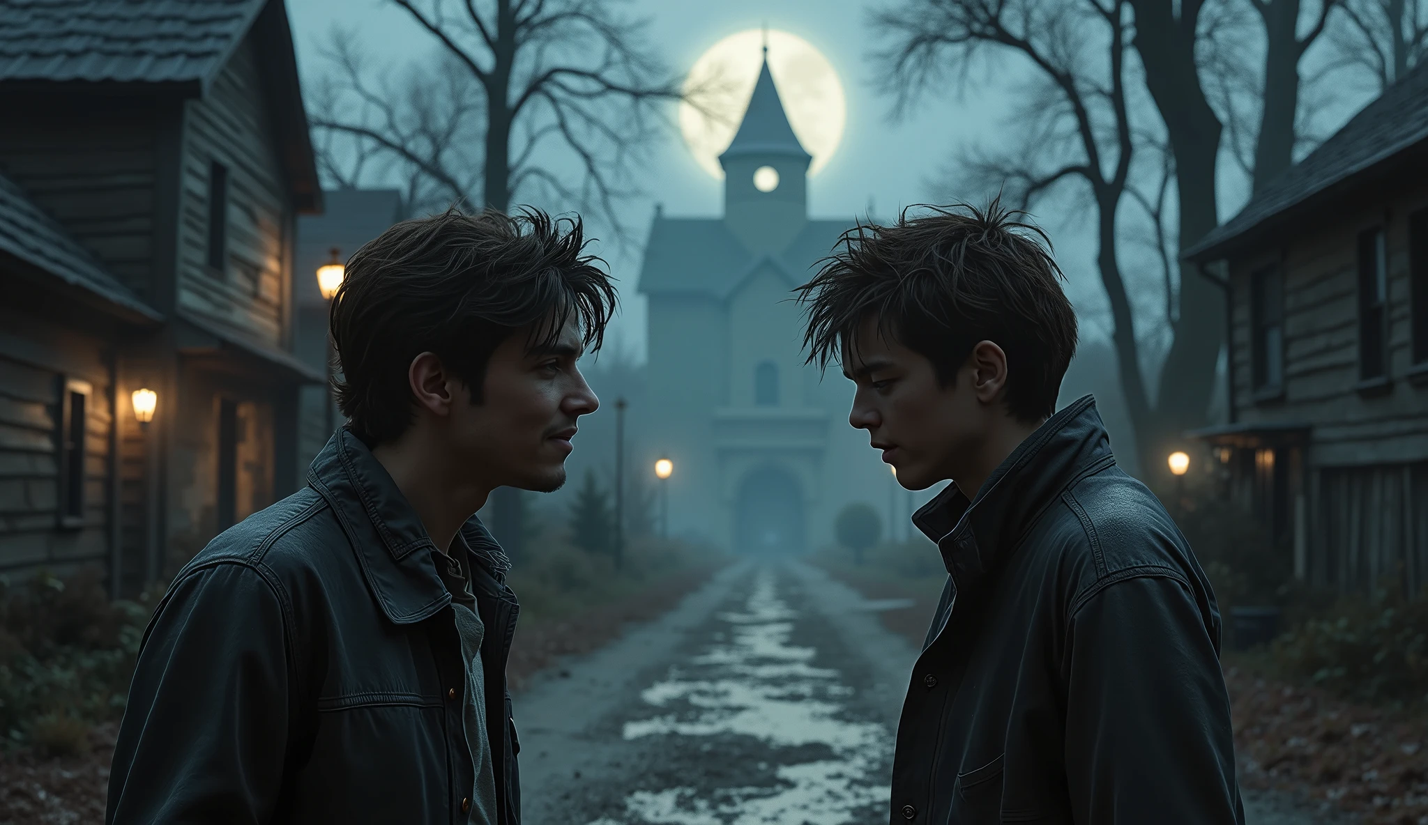 A realistic scene capturing the moment of youthful recklessness. In a quiet small-town setting at dusk, a confident young man with unruly hair and a wild glint in his eyes animatedly tells his friend about his plan to explore the infamous Black Hollow Manor. The friend, amused and dismissive, laughs it off. In the background, hints of an ominous, shadowy forest and a distant, crumbling manor silhouette foreshadow danger. The overall mood is dark yet charged with youthful defiance and a subtle hint of impending horror."