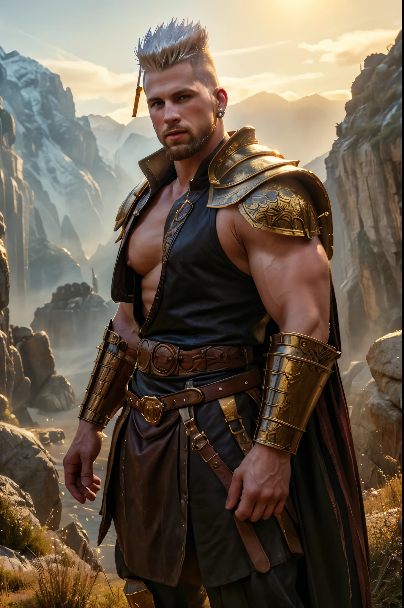 Arafed male in armor standing in a rocky area with mountains in the ...