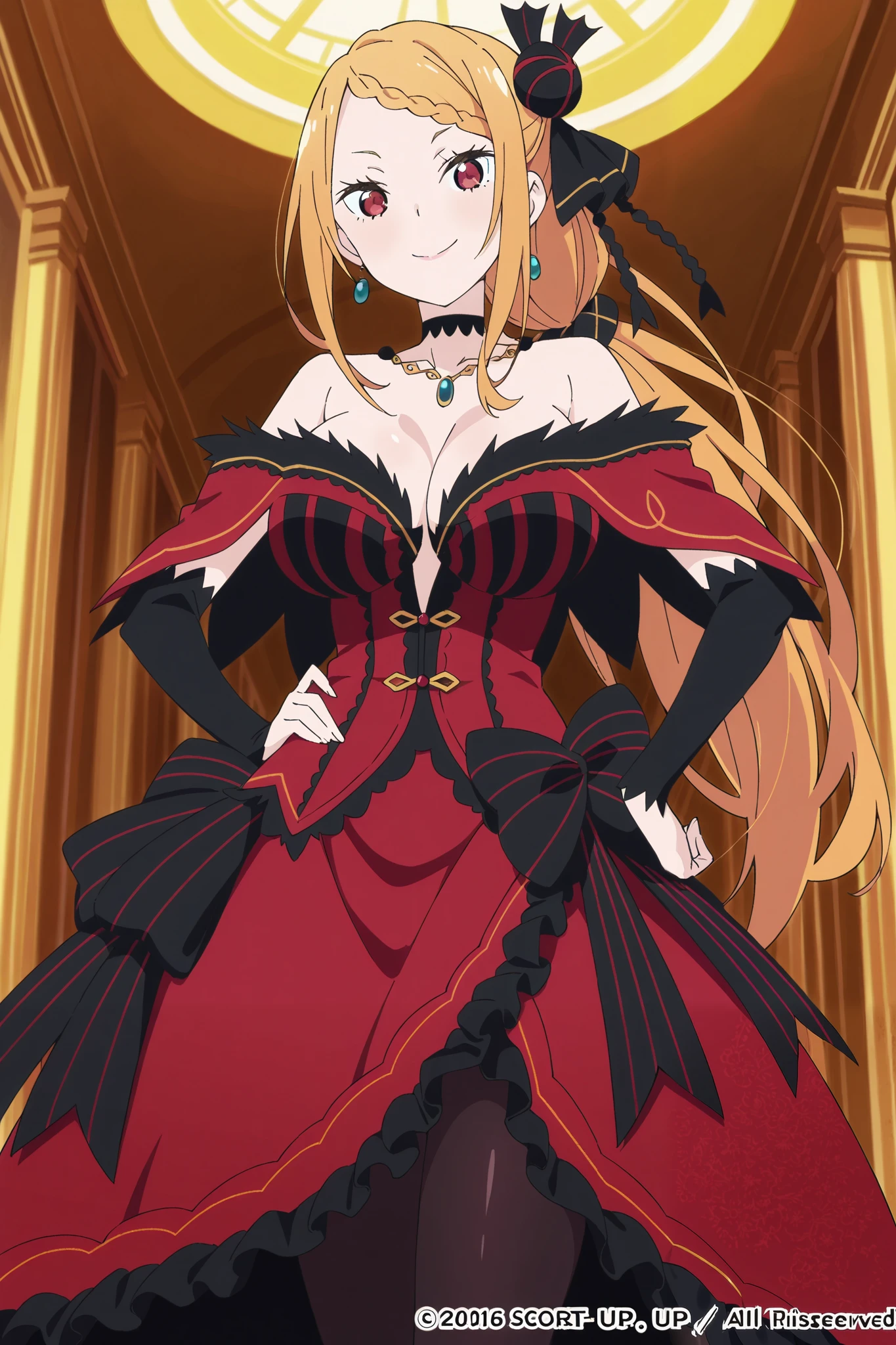 score_9, score_8_up, score_7_up, source_anime,priscilla barielle, blonde hair, braided bangs, long hair, red eyes, 1girl, braid, solo, smile, looking at viewer, choker, hair ribbon, hair ornament, big breast , red dress, pantyhose , hand in hips, soft things 