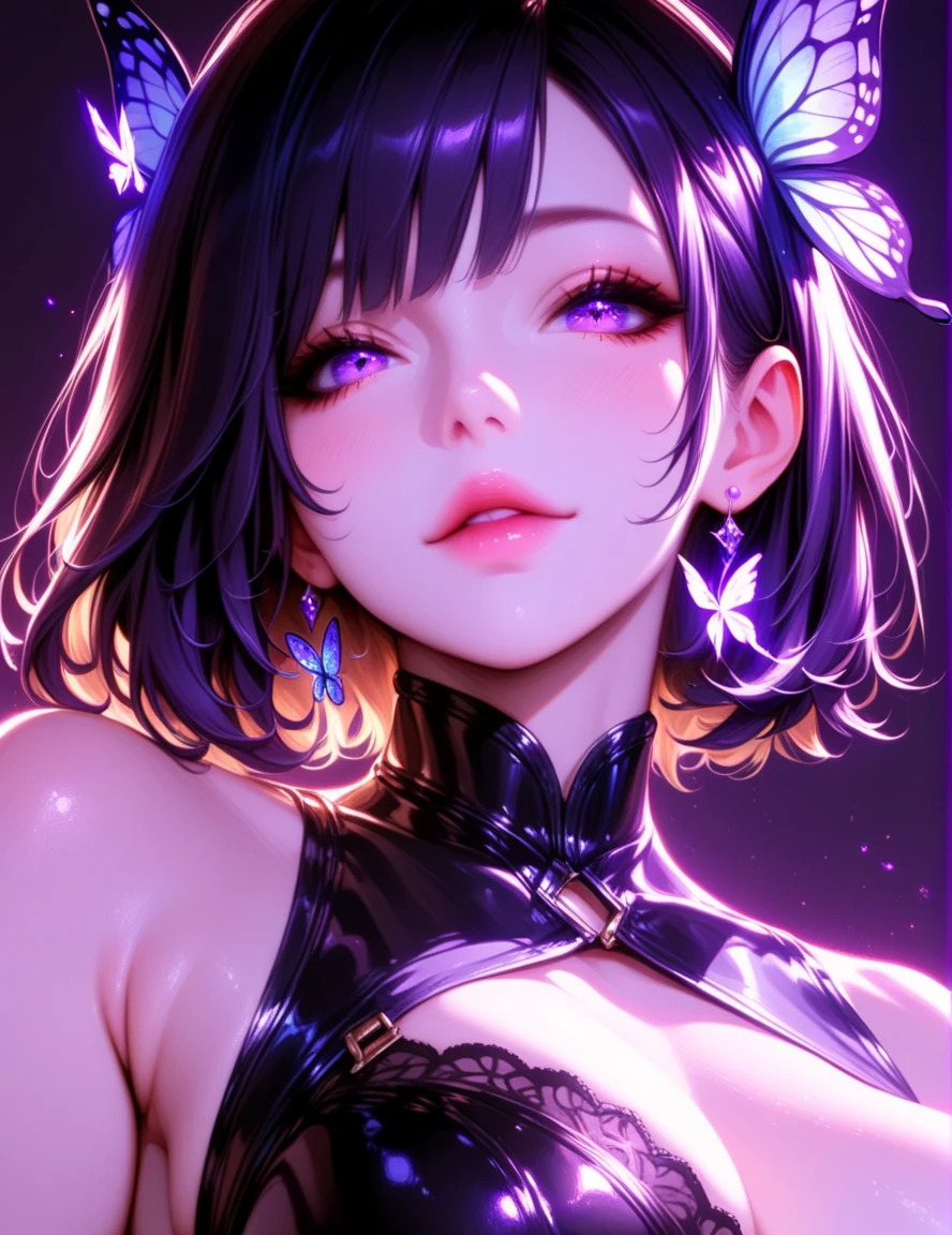 official art, unity 8k wallpaper, ultra detailed, beautiful and aesthetic, High quality, beautiful, masterpiece, best quality, upper body, seductive smile, blush, medium breasts, sideset breasts, beautiful detailed face, perfect body, looking at viewer, cleavage, (center opening:1.2), open clothes, (haori:1.2), nude, night, <lora:kochou_shinobu_v1.2:0.8>, 1milf, kochou shinobu, butterfly hair ornament, purple eyes, multicolored hair, short hair, parted bangs,,