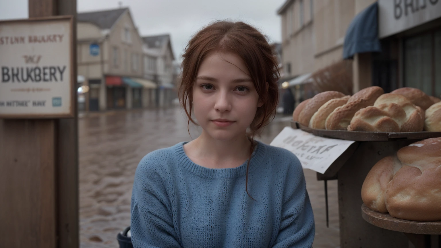 girl sitting at the table, there are tears in big blue eyes, there is a glass of cloudy tea on the table, there is a crust of bread, the window in the background is covered with newspaper tapes crosswise, war, Leningrad blockade, famine, blockade soldering