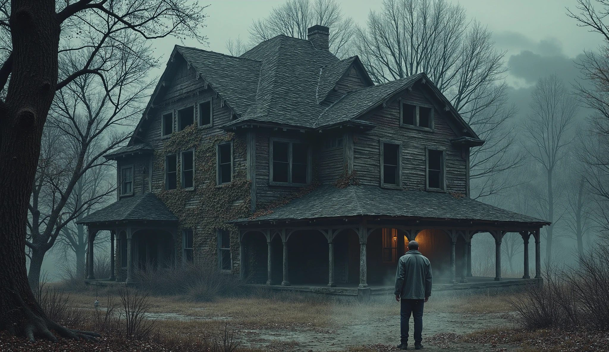 A decayed, abandoned manor stands deep in the Appalachian Mountains, its windows dark and empty. The rotting wooden exterior is covered in ivy, and the front porch sags with age. A single, broken lantern dangles by the door, barely flickering. In the foreground, a young man stands frozen, staring at the house with dread. The wind blows leaves around his feet, and a shadowy presence seems to loom near the entrance. The setting is haunting, with an overwhelming sense of unease.