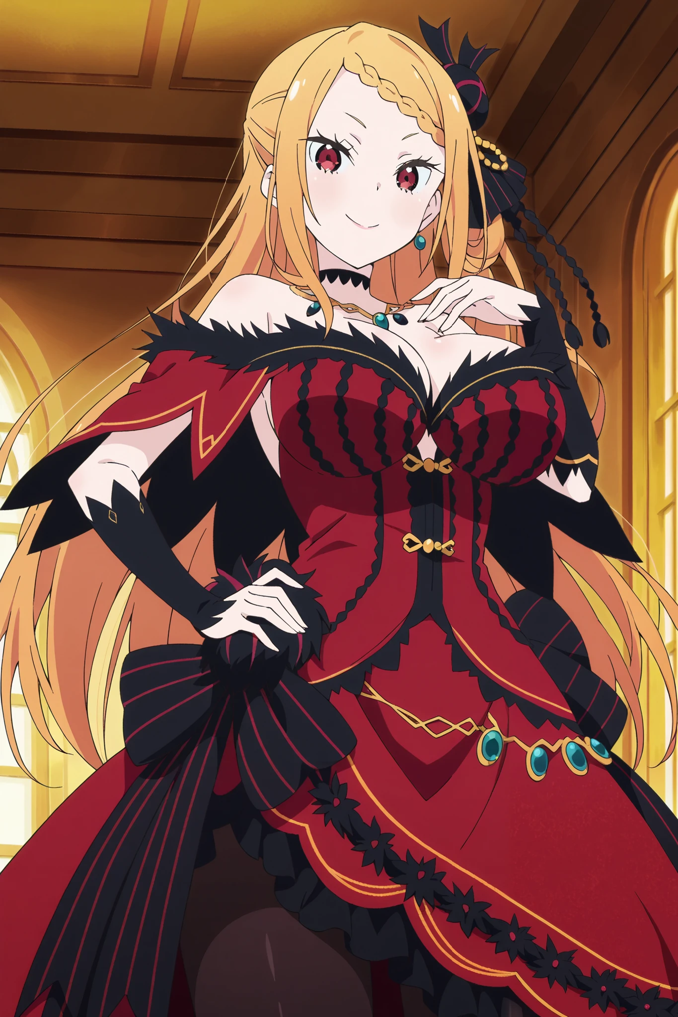 score_9, score_8_up, score_7_up, source_anime,priscilla barielle, blonde hair, braided bangs, long hair, red eyes, 1girl, braid, solo, smile, looking at viewer, choker, hair ribbon, hair ornament, big breast , red dress, pantyhose , hand in hips, soft things