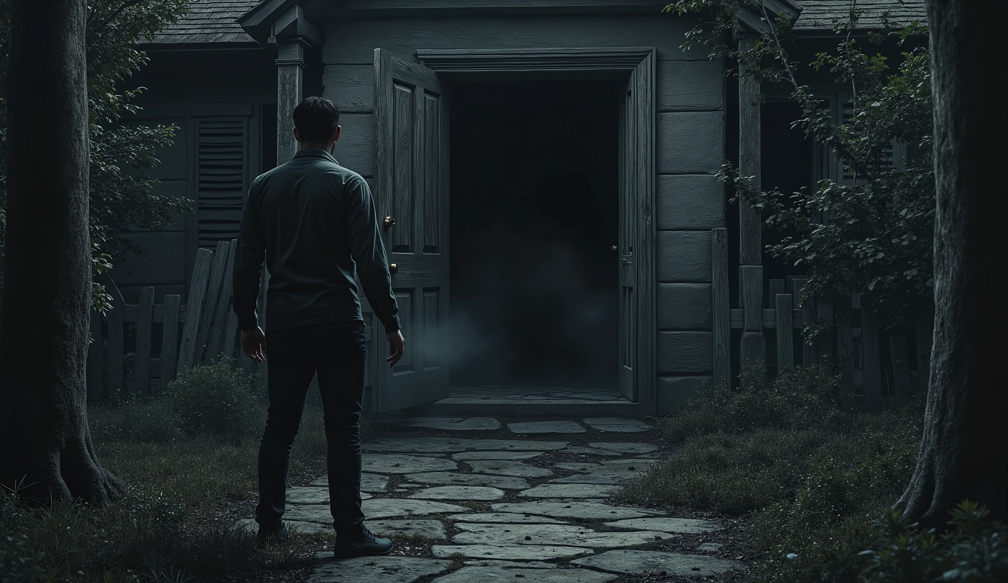 A realistic horror scene of the front door of Black Hollow Manor slowly creaking open by itself. The young man, standing at the threshold, hesitates, his expression a mix of fear and determination. The interior beyond the doorway is pitch black, with only the faint outline of broken furniture barely visible. A chilling, unseen force seems to be inviting him inside. The wind howls through the trees, adding to the eerie ambiance