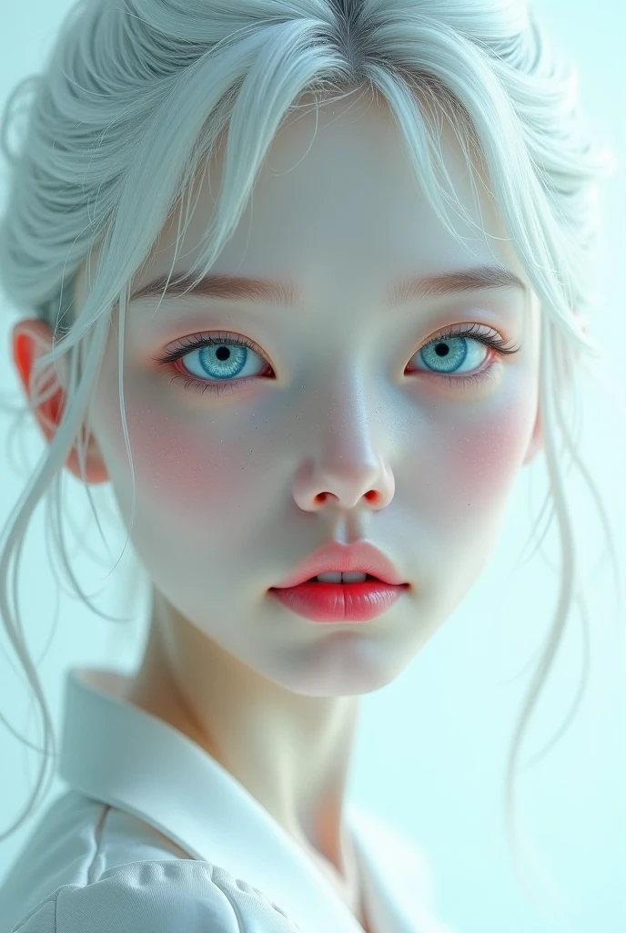 North Korean albina , WITH FRECKLES, white hair and very white skin, light blue eye