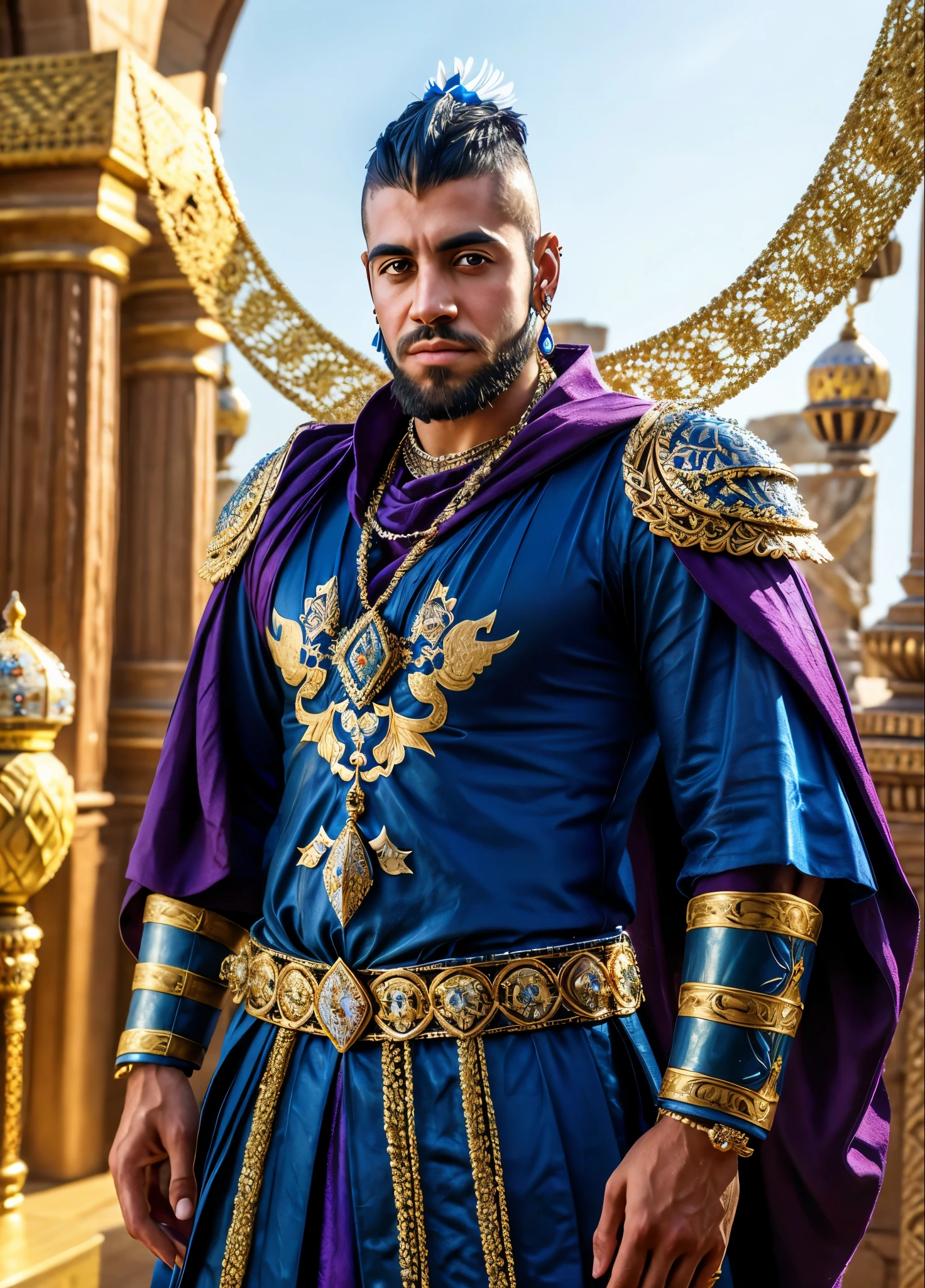 fantasy Persian king, white mohawk, beard, diamond earrings, full decorated armor, jewelry, highly detailed, photorealistic, 8K, HDR,