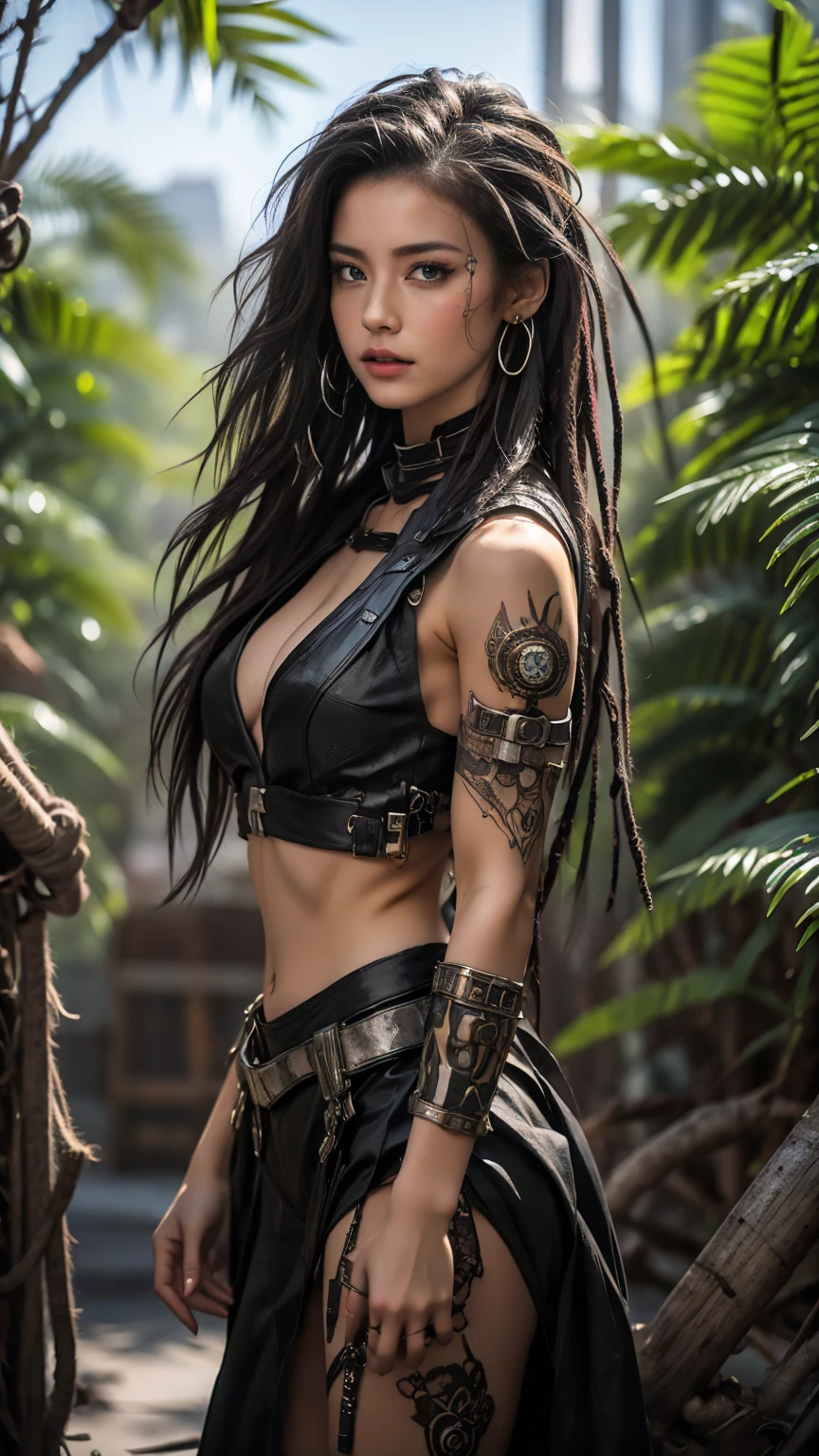 photorealistic, high resolution, soft light,1women, solo, hips up, (detailed face), jewelry, tattoo,black mafia clothing, black hair, super long hair, looking viewers, tatto, messy hair, close up, small breast, adult, holding sword