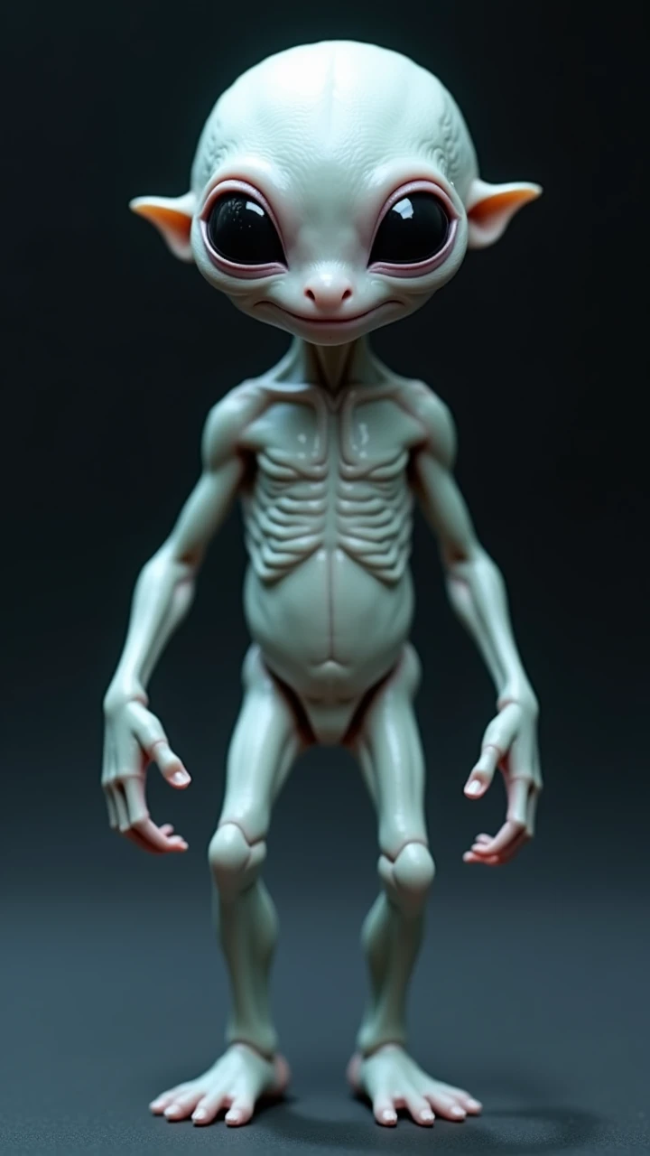 He has only one eye, it's green, round-cropped, two small horns, two arms and two legs