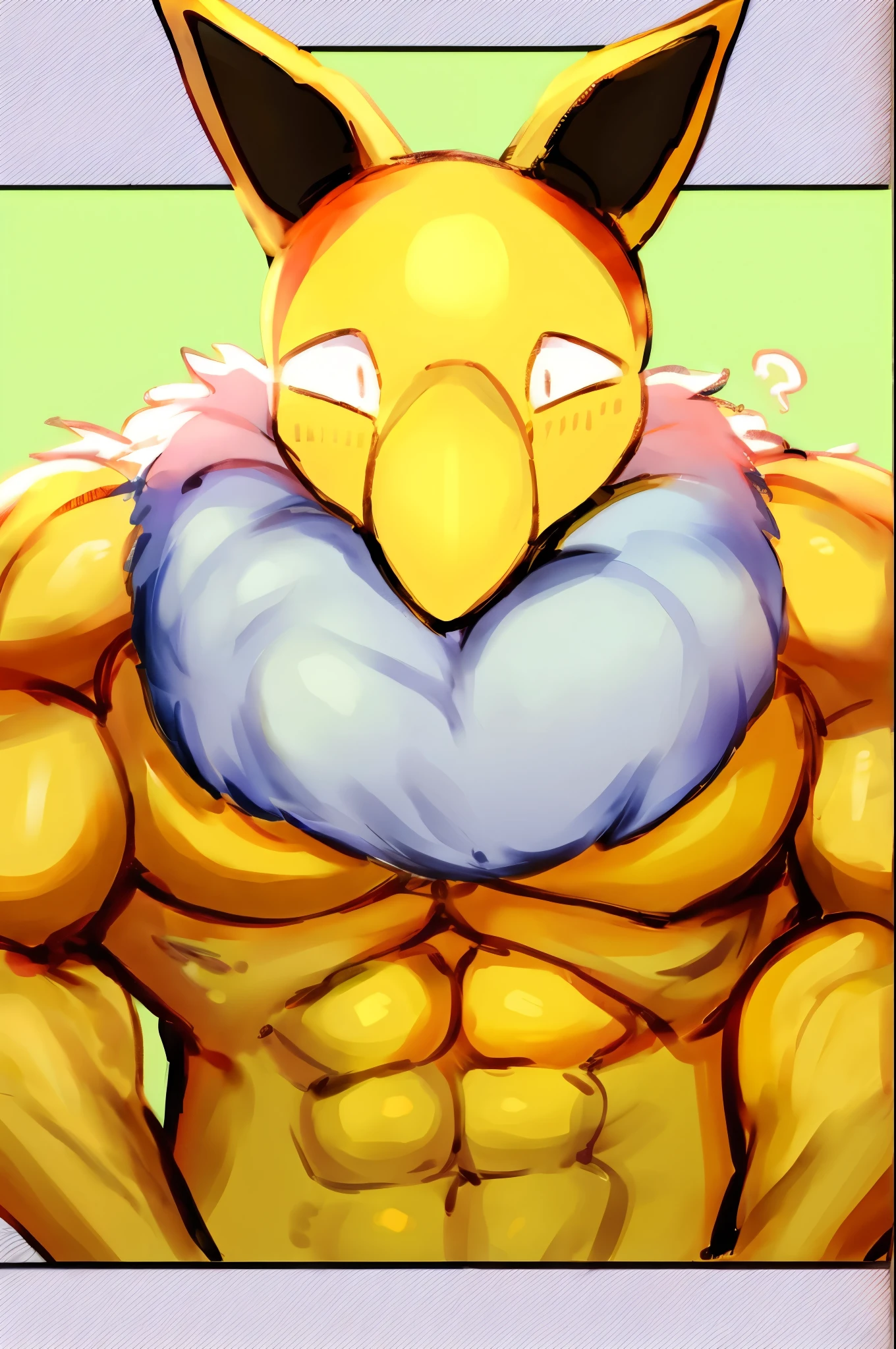 Furry, Anthro, solo, Hypno, Male, (((muscular body, massive thighs, massive male pectorals, fluffy neck))), ((((massive biceps, hand on chest)))), ((((((massive bulky torso, wide-eyed, head tilted)))))), naked, yellow spraypainted background, by buta99, by meesh, (((digital painting)))