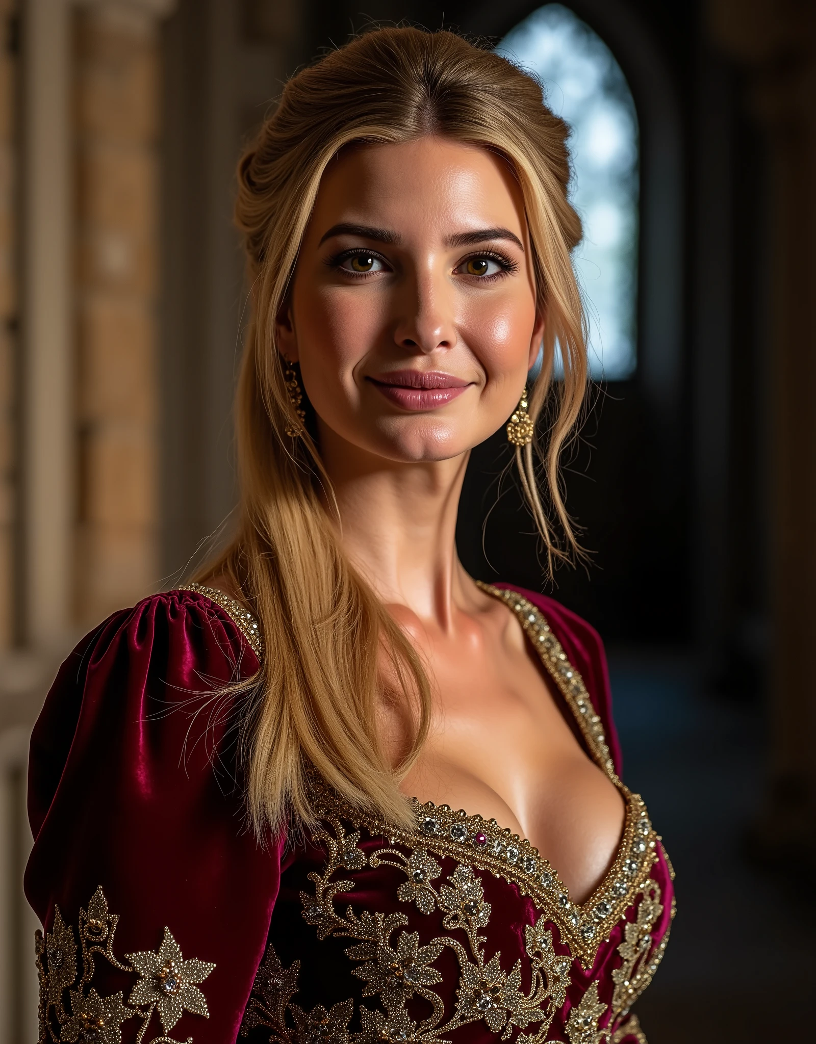 Ivanka Trump, sexy medieval noblewoman, alone, looking at the viewer, cleavage, huge bust size, wearing medieval jewelry, wearing medieval noble dress, realistic, inside medieval castle at nighttime, (realistic, a high resolution), best quality, high detail, smiling, nsfw, detailed skin texture, beautiful detailed face, complicated details, preparing photo
