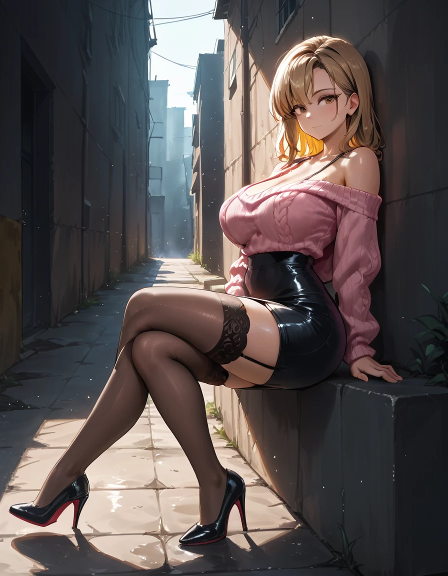 1 girl, short hair, brown hair, high heels, big chest, squatting.