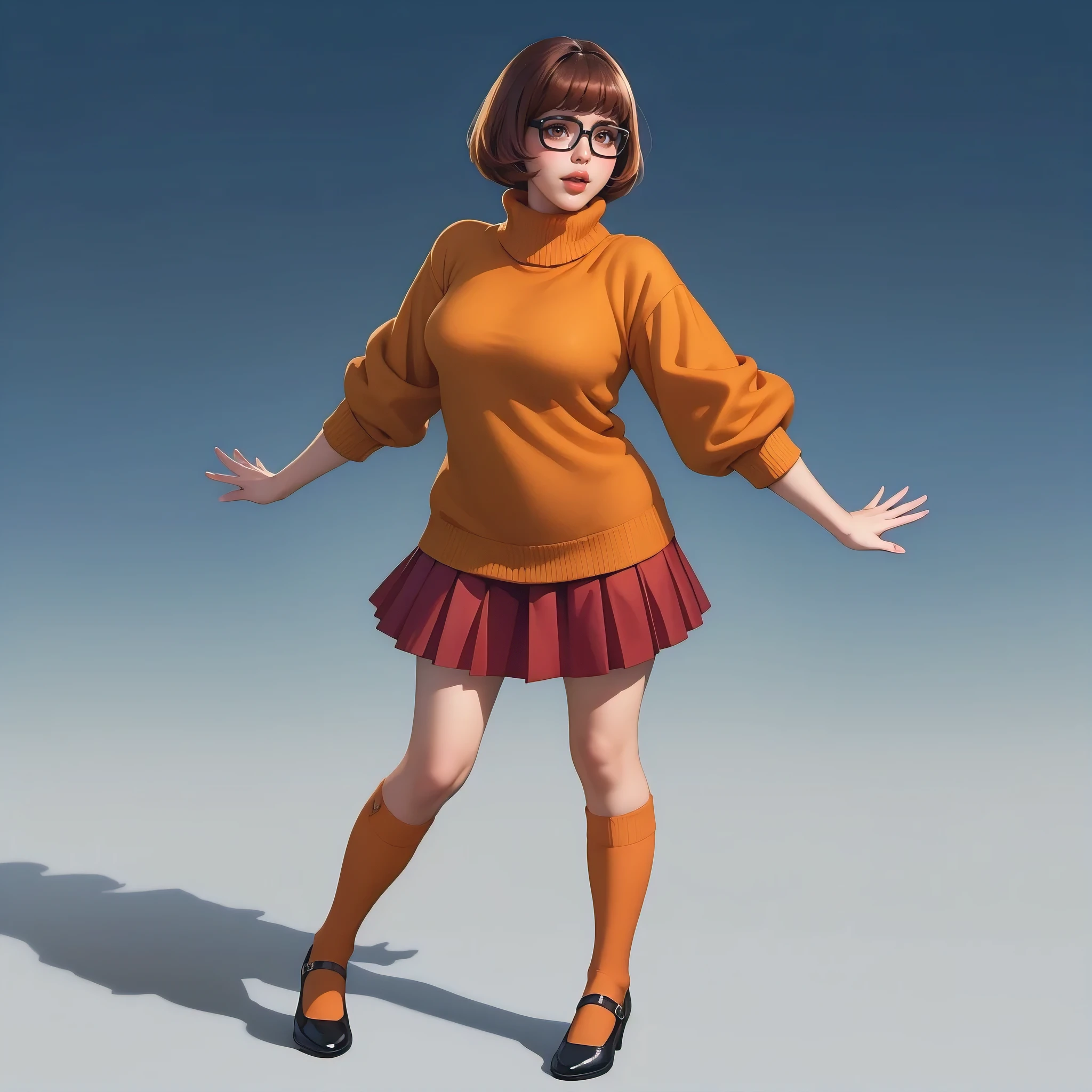 mkvd, 1girl, turtleneck sweater, sweater yellow, red skirt, happy, looking at viewer, full body view, standing, shy, panties , under view, pissing, piss on legs, piss stream, puddle of urine, chubby,