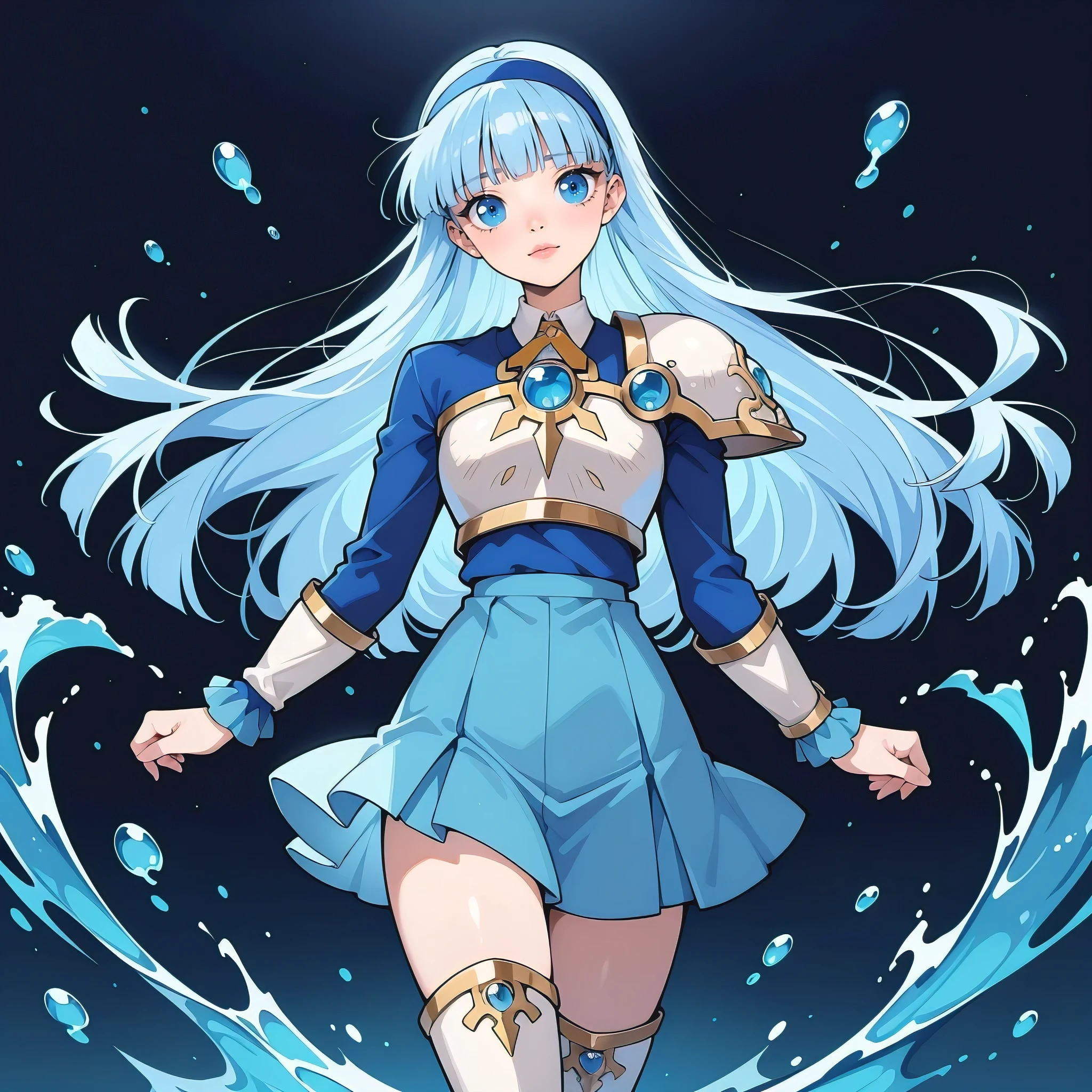 masterpiece, best quality, high quality, anime, solo, ((full body))
AEUmiKnight, blue eyes, blue hair, blunt bangs, long hair, blue hairband, big breasts
white breastplate, single shoulder pad, shoulder armor, blue skirt, thigh armor, white footwear, white thigh boots, zettai ryouiki,
dominant pose, light smile, straight-on, head tilt,
gradient background, blue background, black background, water drop, hydrokinesis,