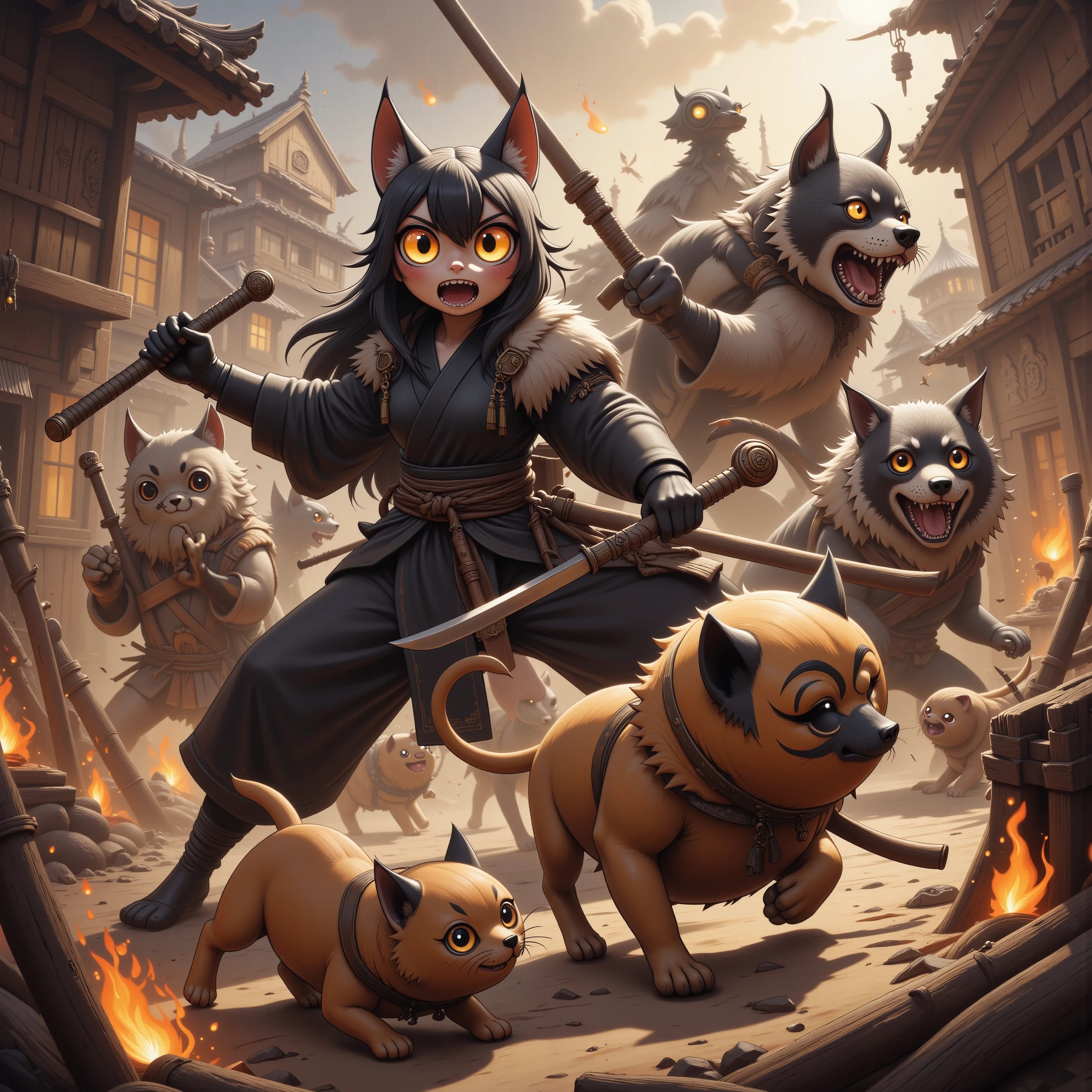 (Extreme complexity, multiple subjects), (Subjects 1: Sexy females (Asian influence, cat woman humanoids, big breasts, ample butt, short pumpkin body fur, sexy black ninja outfit, large fierce eyes, weapons)( is in a life or death battle against a mob of Dog Men (Barbarian human males, many feature of Rottweiler dogs especially head and neck, modal black and tan Rottweiler body fur, Big barbarian weapons, ragged bear pelt clothes), this is a clash of armies (dog men barbarians) assaulting a (ninja cat girl) village in the daytime, huts on fire, intense, (life or death battle,, battle royale cats vs dogs) HD, hyper realism, 8k, extremely detailed
 