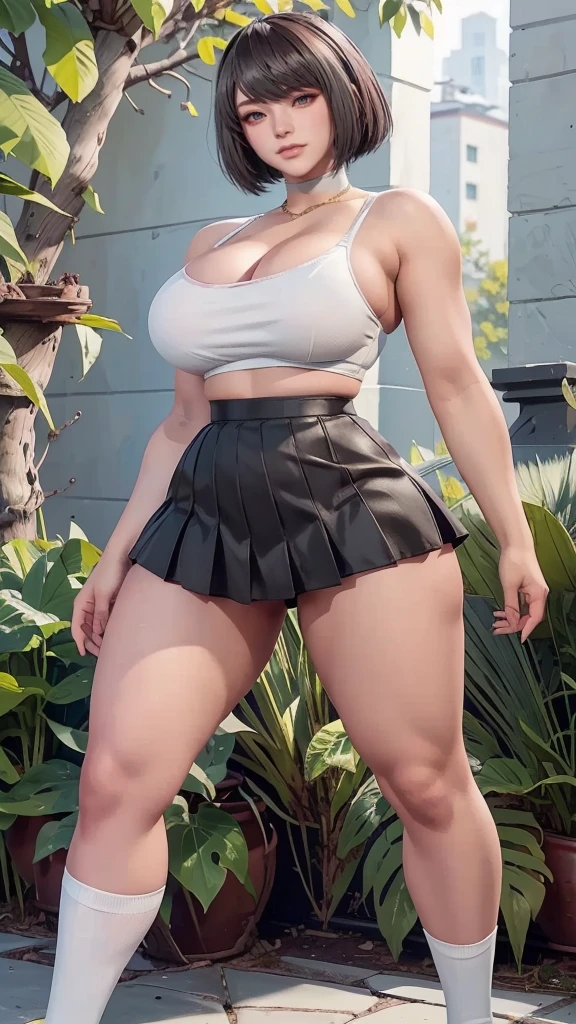 A tanned curvy school girl wearing navy-blue thigh highs , big eyes , wide bold lips, (thick thighs) , (large wide hip) , huge ass, angle from below , extreamly voluptuous curvy body, super realistic skin, super detailed face, short hair, (full body shot) , attractive long legs, (put her hands behind her head), huge breasts, wearing thin tank top, white towel on her shoulder , simple gold necklace ,(low-rise pleated checked skirt) , perfect abs , thick calves, attractive smile, cheek blushed ,in a beautiful winter mountain , beautiful dark twilight , beautiful nature , 8k, ultra realistic.