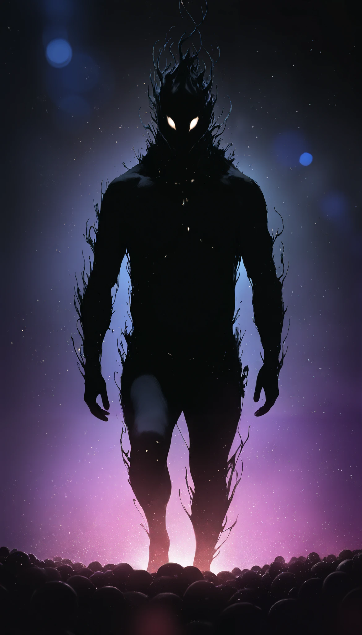 ( high quality, 4k, ultra-detailed , Realistic, bright colors , bokeh), (creature monstersa:1.1, dark atmosphere), Heavens, be abominable, deep darkness , highly detailed, play of light and shadow , Particles ,monster, monsterso, Body art, transparent skin, chubby, creature, manga, _8_arriba