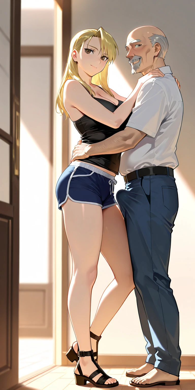 two people, beautiful blonde woman , raised skirt, man touching one leg above, fucking doggystyle pulling his hair