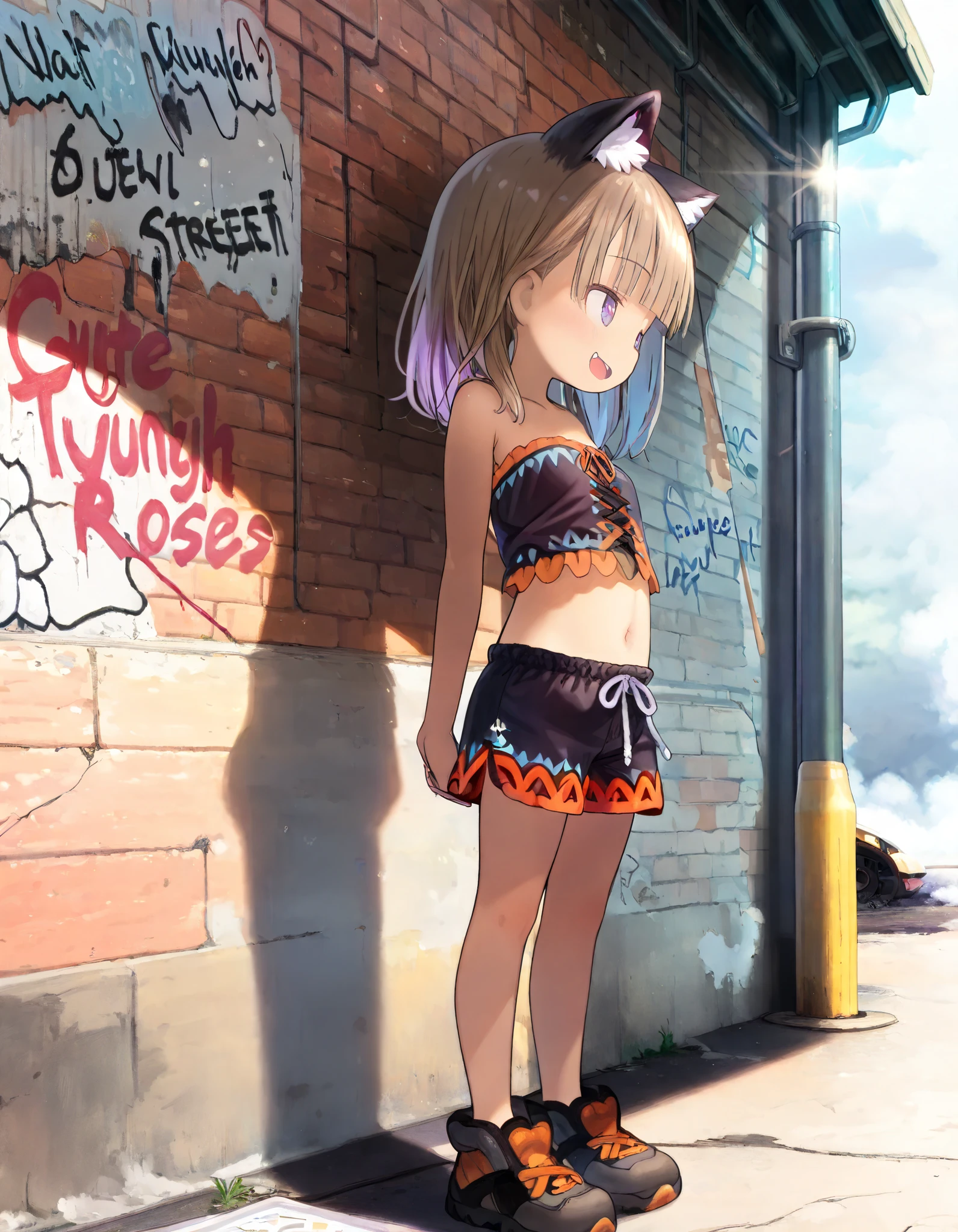 ((Tsukushi akihito style)), ((Masterpiece)), ((best quality)), (8K), ((from side)), (detailed background:1.2), (super detail:1.2),(High Definition:1.3), (Professional Photography:1.2), (very aesthetic:1.2), (absurdres:1.2), (sharp focus), ((1girl)), profile, ((cute young girl)), Textured skin, (full body), messy medium hair, Beautiful collarbone, ((Embroidered Tribal black tubetop)), strapless, (bare arms), cute navel, (Tribal boxer shorts), (Healthy Gaunt body), (loose blunt bangs), gradient hair, (naughty smile), open mouth, (pale purple eyes, gradient eyes, upturned eyes), (Cat ears), (Pale brown hair), Beautiful face, (small breast), BREAK, walk unsteadily on the lonely street corner, (against the Brick wall with roses), (Wall with graffiti art of roses), dust in the air, (fog effect), smoke effect,