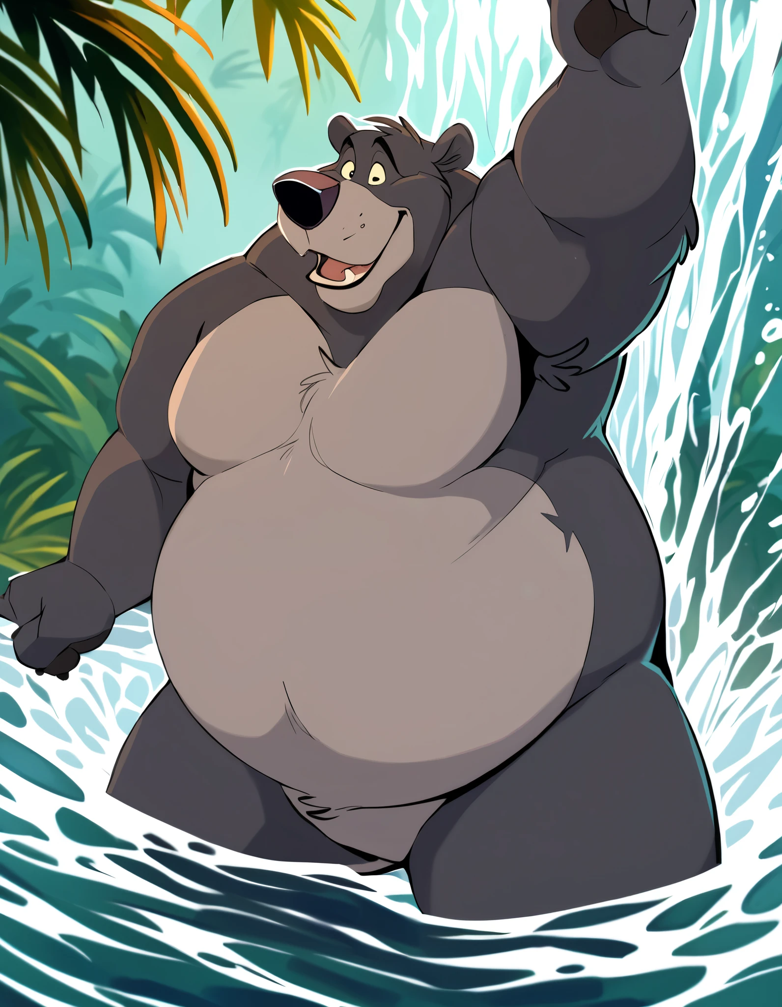 fine-detail full-body Portrait: Sarcastic obese Kodiak Bear Catching fish; massive, burly-Bear physique; huge and muscular, impressive figure; fat-stocky; catching a jumping salmon; suggestive expressions; perfect random-settings; superfine image quality; "Baloo" Jungle Book;