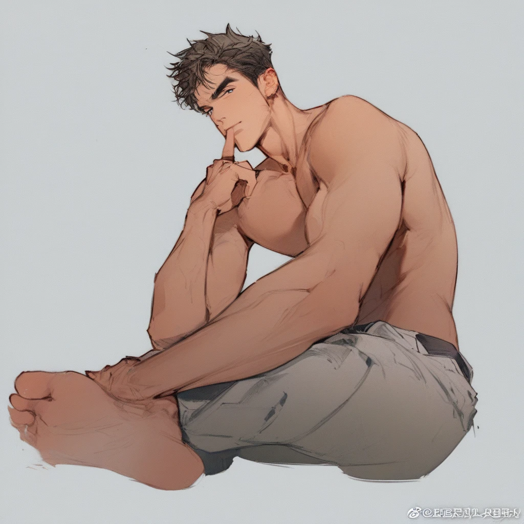 Muscular man is relaxing on his couch drinking a beer. He is alone in black underwear, of which his penis stands out, visible in his underwear. He is sweaty and very muscular. He has hair on his chest and forearms. Large, veiny arms. Veins on his hands. Very stinky armpits. and hairy his big, stinky feet on the table in front of him legs with sweaty hair and black hair and big, stinky feet plus he looks like an alpha male man