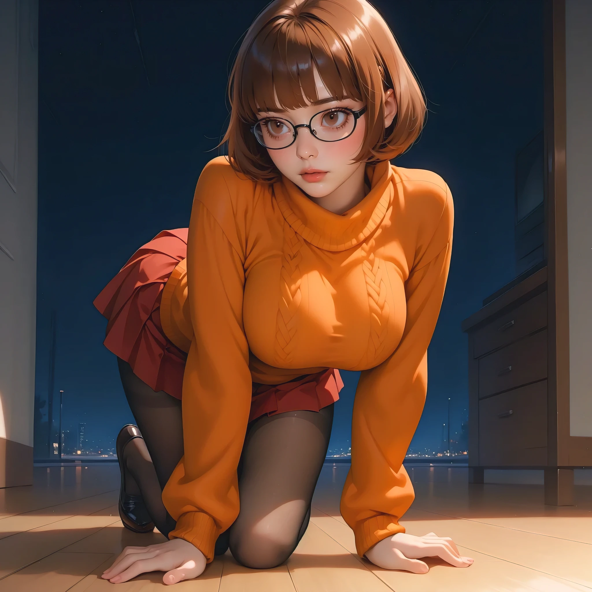 score_9, score_8_up, score_7_up, score_6_up, score_5_up, score_4_up, source anime, masterpiece, best quality, high quality, anime, solo, (semi-realistic:1.5), (solo:1.5), (anime screencap), (full body)
velma, 1girl, glasses, large breasts, short hair, brown eyes, freckles, black-framed eyewear, brown hair, bangs, blunt bangs, bob cut, lips,
miniskirt, red skirt, turtleneck sweater, skirt, sweater, orange sweater, turtleneck, pleated skirt, (pantyhose), slim body, upskirt,
shy pose
on the floor, night,
simple background