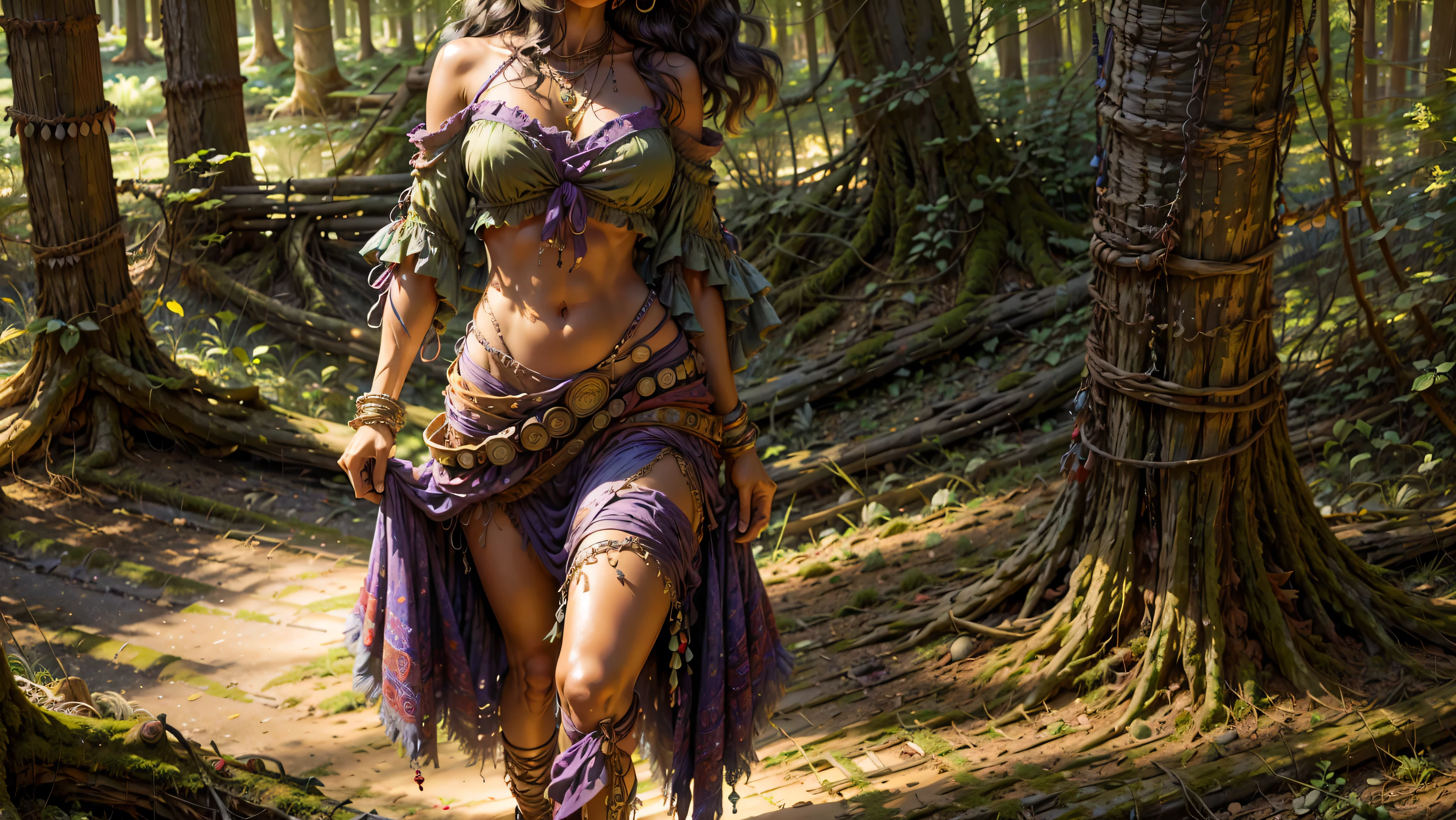 ((1girl, solo)), ((realistic)), Gypsy girl walking in the Louisiana swamp, , young girl, cute girl, fit, ((skinny)), ((small hips)), ((hair hanging straight down)), ((dark hair)), ((loose top)), midriff, ((top loosely draped over her breasts)), ((can see her breasts through her top)), looking at viewer, sexy, skirt low on hips, cowboy shot, (full body portrait), beautiful lips, sexy mouth, ribbons, beads, bangles, upper body, dark-eyed, bangs, ribbon, bayou, sunlight just leaking through, walking on wooded trail,