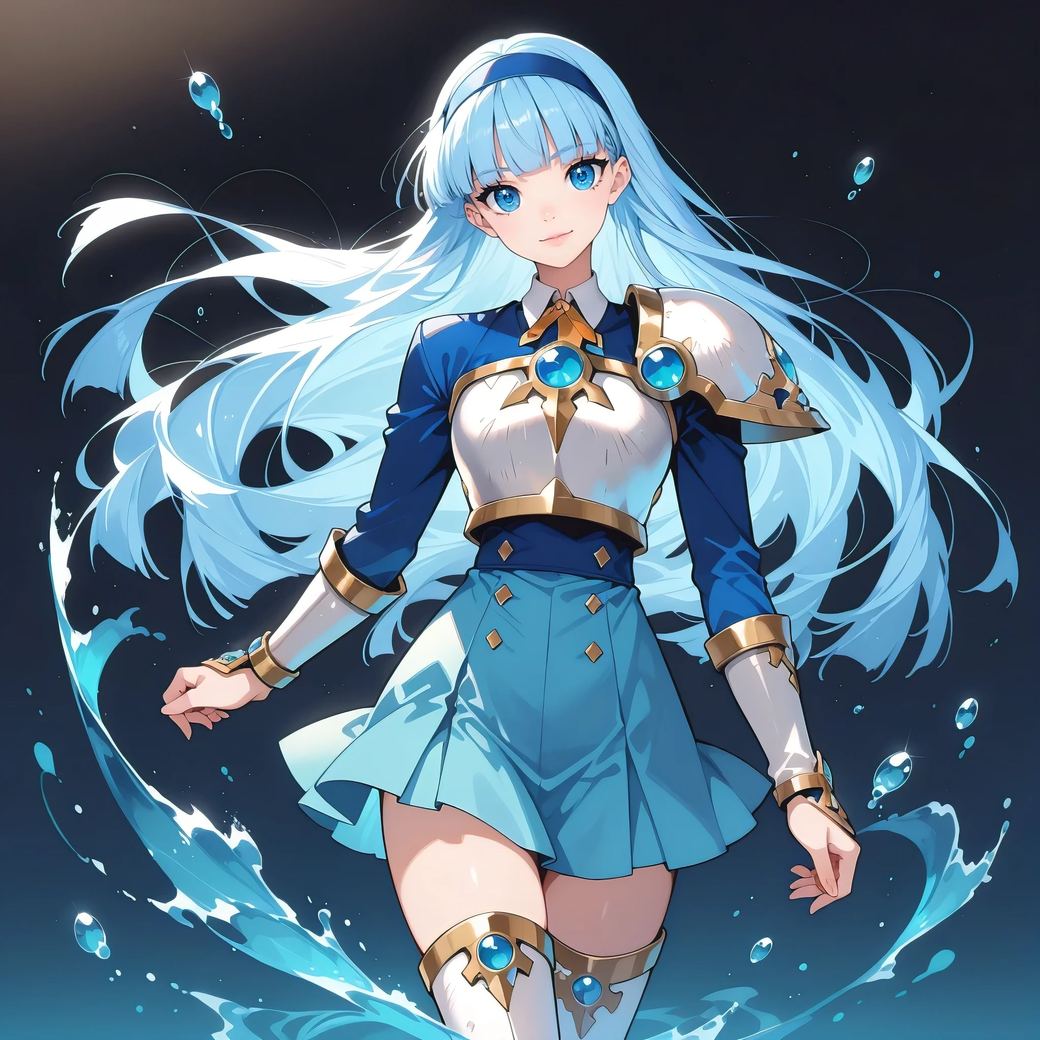 masterpiece, best quality, high quality, anime, solo, ((full body))

AEUmiKnight, blue eyes, blue hair, blunt bangs, long hair, blue hairband, big breasts

white breastplate, single shoulder pad, shoulder armor, blue skirt, thigh armor, white footwear, white thigh boots, zettai ryouiki,

dominant pose, light smile, straight-on, head tilt, 

gradient background, blue background, black background, water drop, hydrokinesis, 