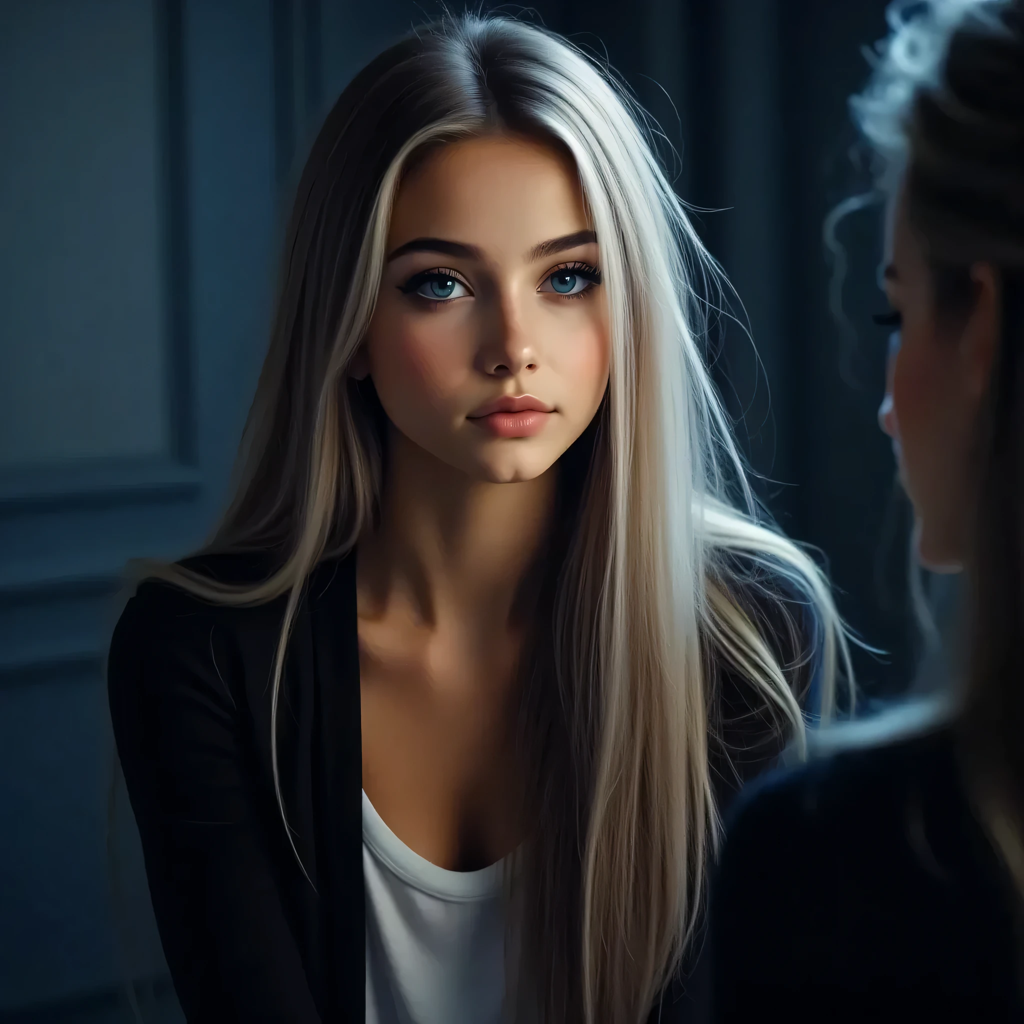 (masterpiece), distant view, (1 girl:1.5), expressive eyes, perfect face, (harsh backlight:1.2), white hair, (long hair:1.5), grey light eyes, make-up, long legs, short skirt, high heels, looking at viewer, (Rim light:1.5), dark background, light blue tones
