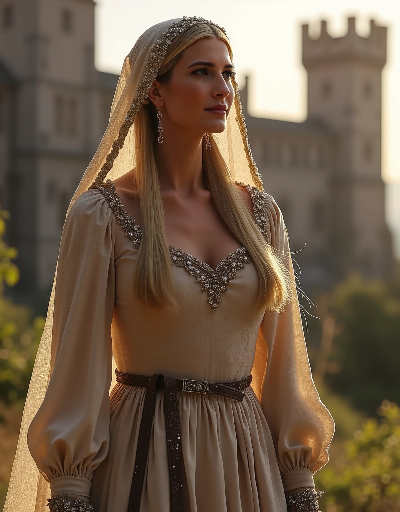 Ivanka Trump, Early Middle Ages (800 n .e.):  Medieval lady in a long cott dress with narrow sleeves, showing cleavage ,  linen underwear ,  simple belt ,  long braid under the veil , Gothic castle in the background, Flare lighting